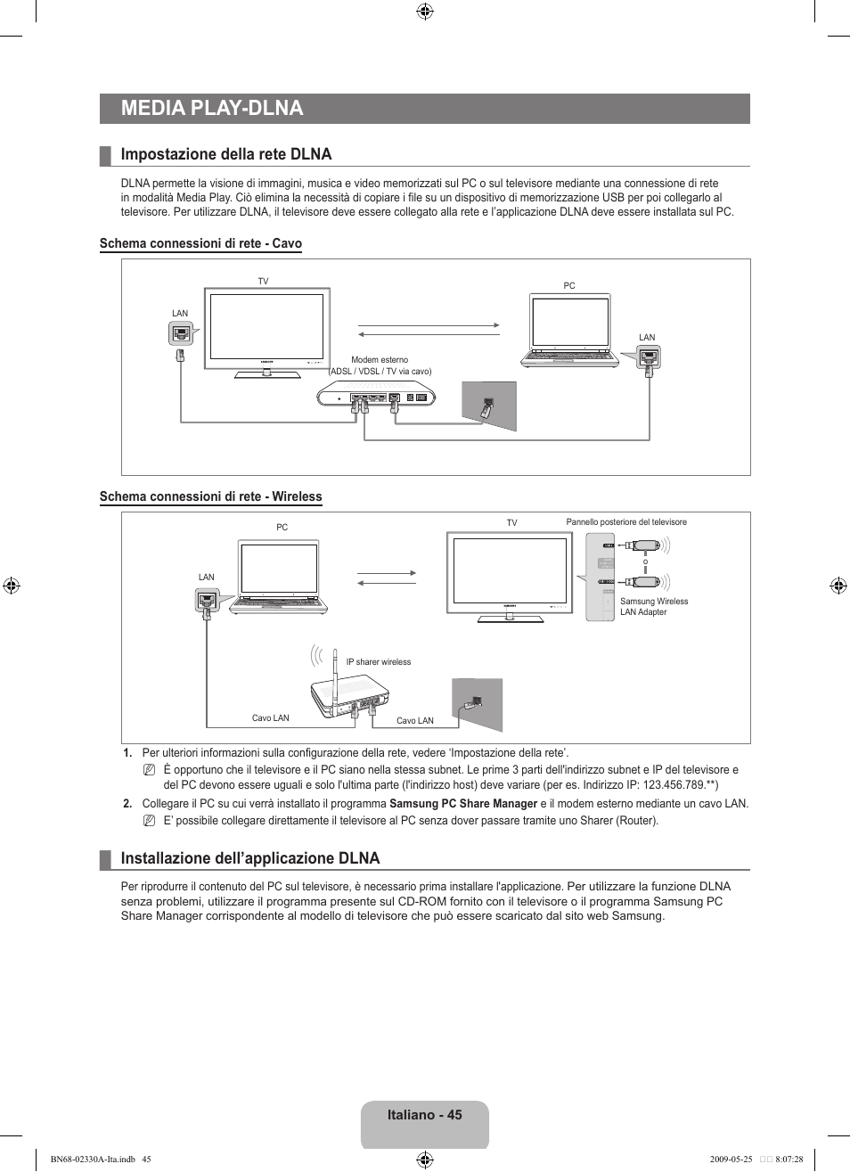 Media play-dlna, Impostazione della rete dlna, Installazione dell’applicazione dlna | Samsung UE46B8090XW User Manual | Page 282 / 317