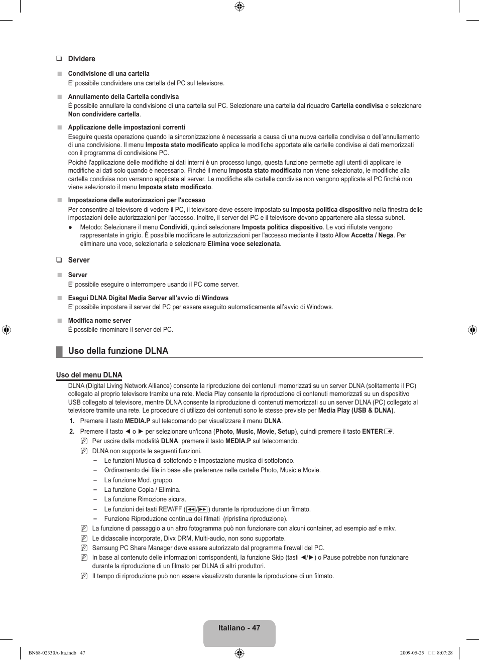 Uso della funzione dlna | Samsung UE46B8090XW User Manual | Page 284 / 317
