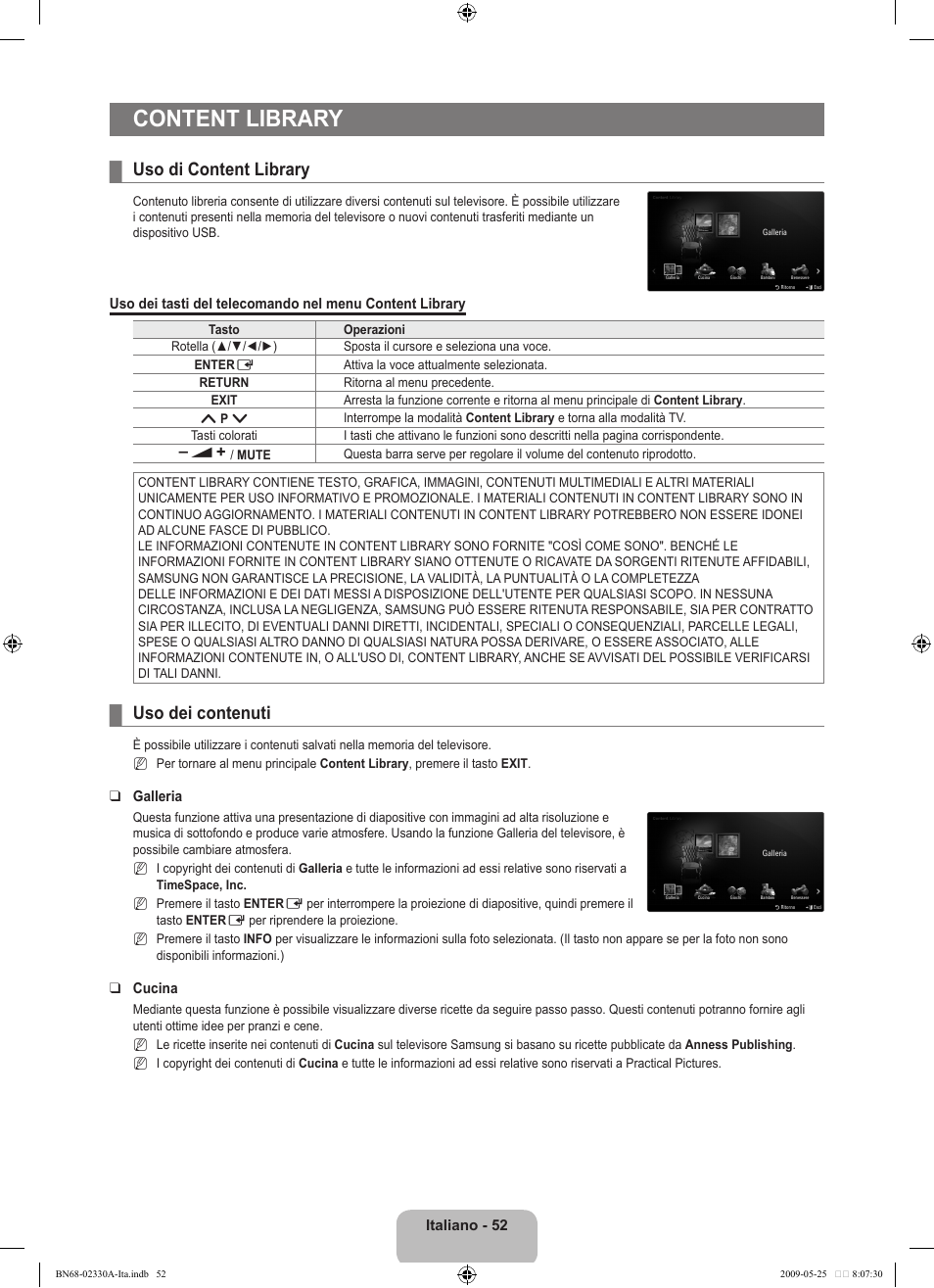 Content library, Uso di content library, Uso dei contenuti | Samsung UE46B8090XW User Manual | Page 289 / 317