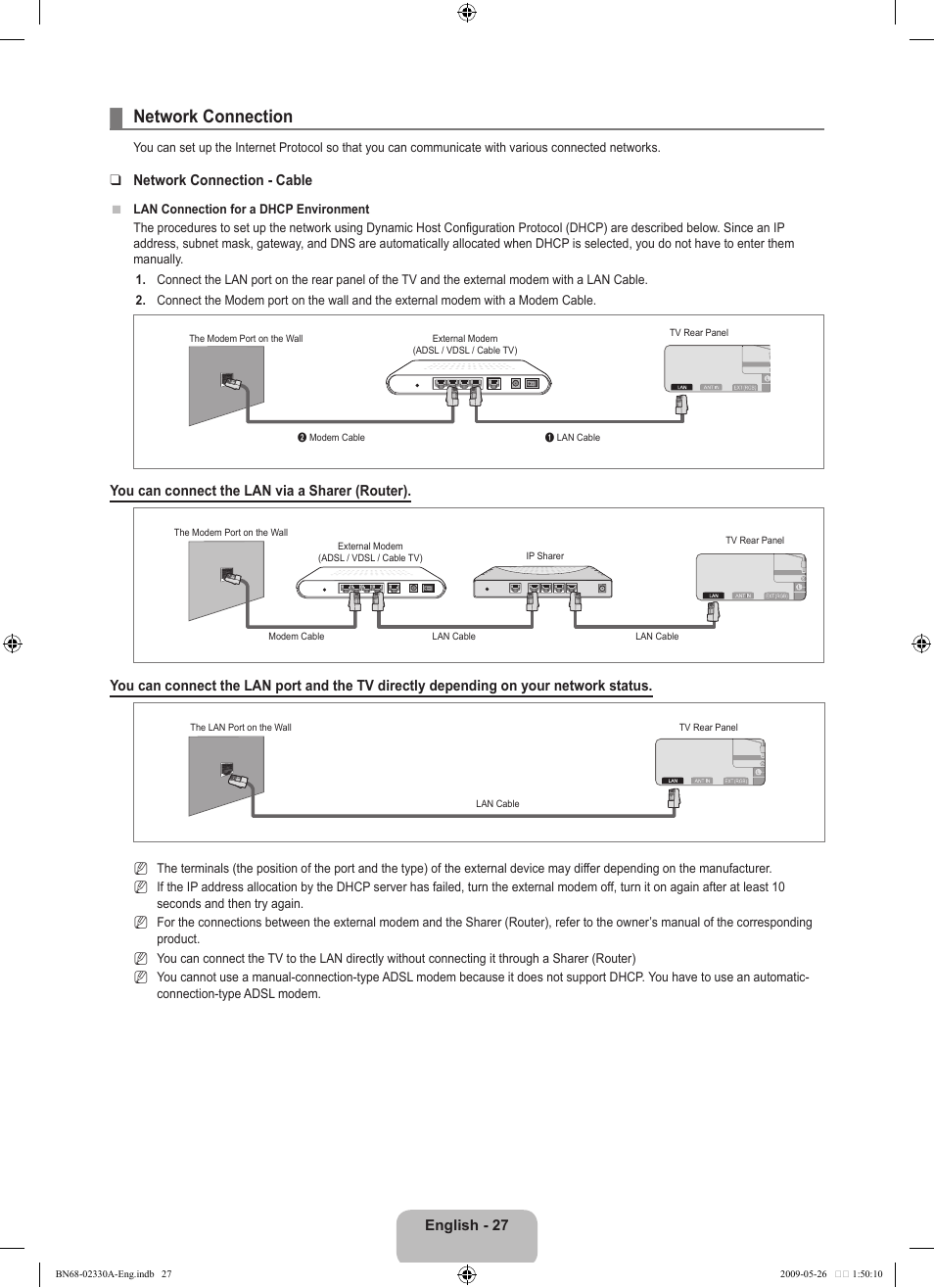 Network connection | Samsung UE46B8090XW User Manual | Page 29 / 317
