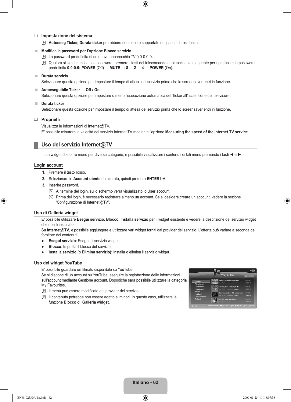 Uso del servizio internet@tv, Italiano - 62 impostazione del sistema, Proprietà | Login account, Uso di galleria widget, Uso del widget youtube | Samsung UE46B8090XW User Manual | Page 299 / 317