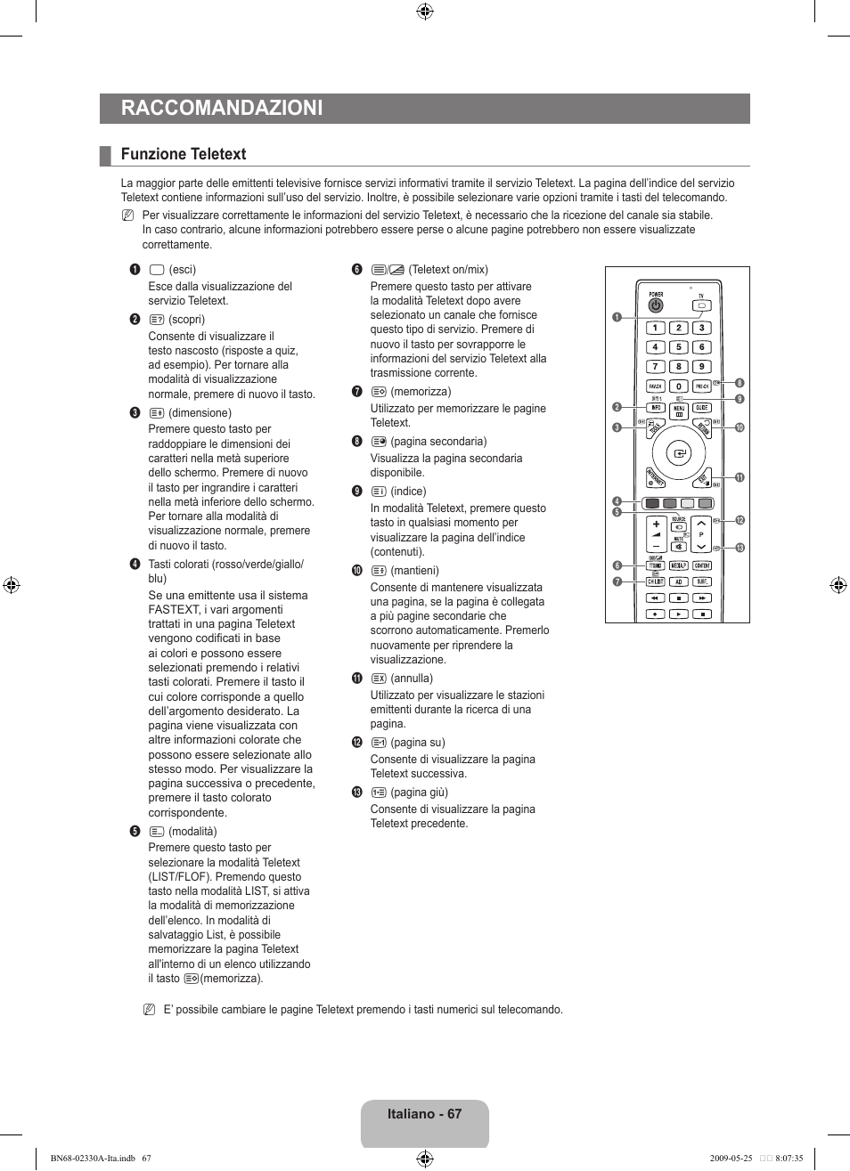 Raccomandazioni, Funzione teletext | Samsung UE46B8090XW User Manual | Page 304 / 317