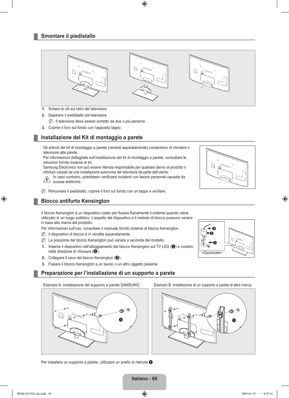 Smontare il piedistallo, Installazione del kit di montaggio a parete, Blocco antifurto kensington | Samsung UE46B8090XW User Manual | Page 306 / 317