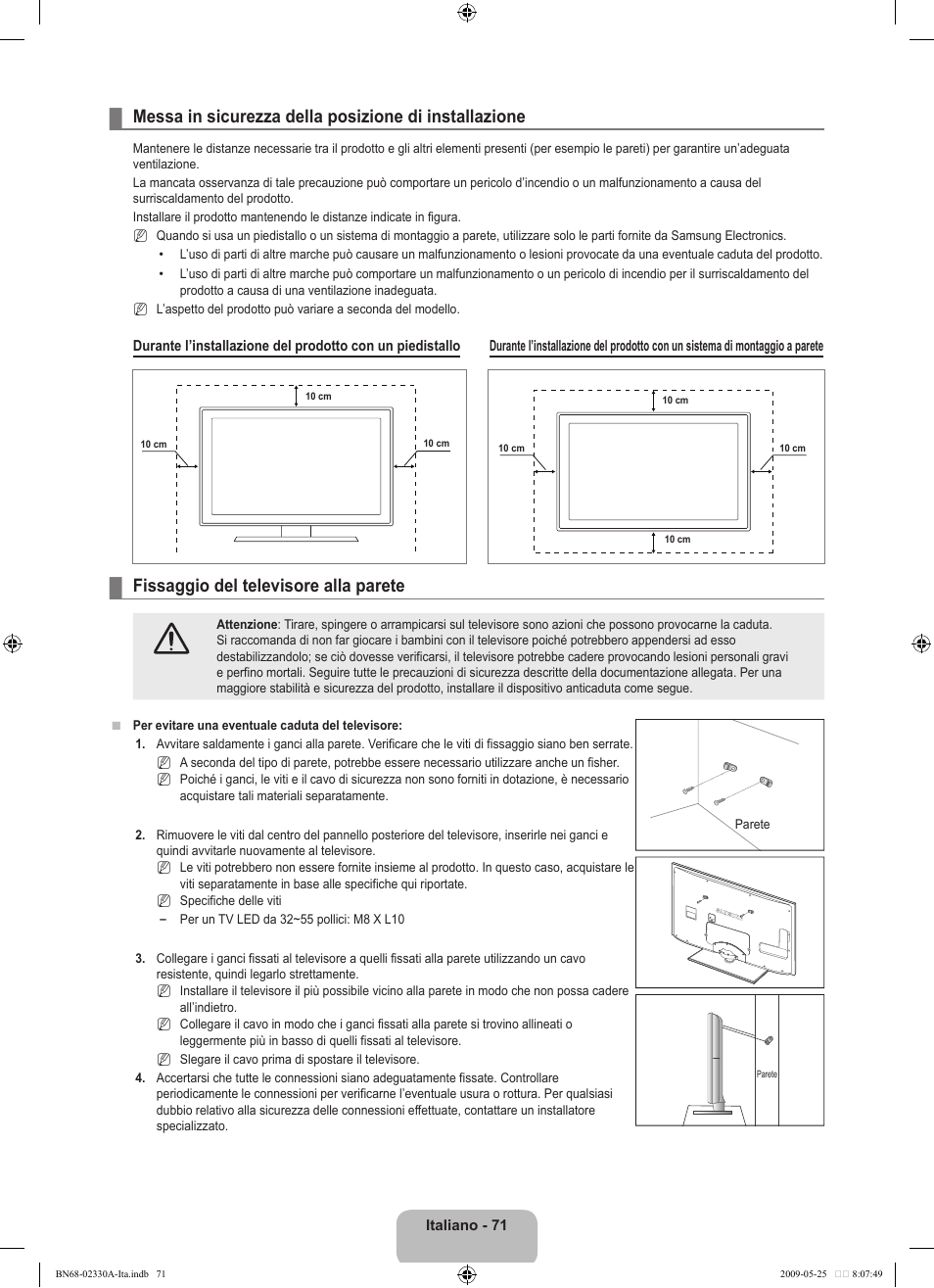 Fissaggio del televisore alla parete | Samsung UE46B8090XW User Manual | Page 308 / 317