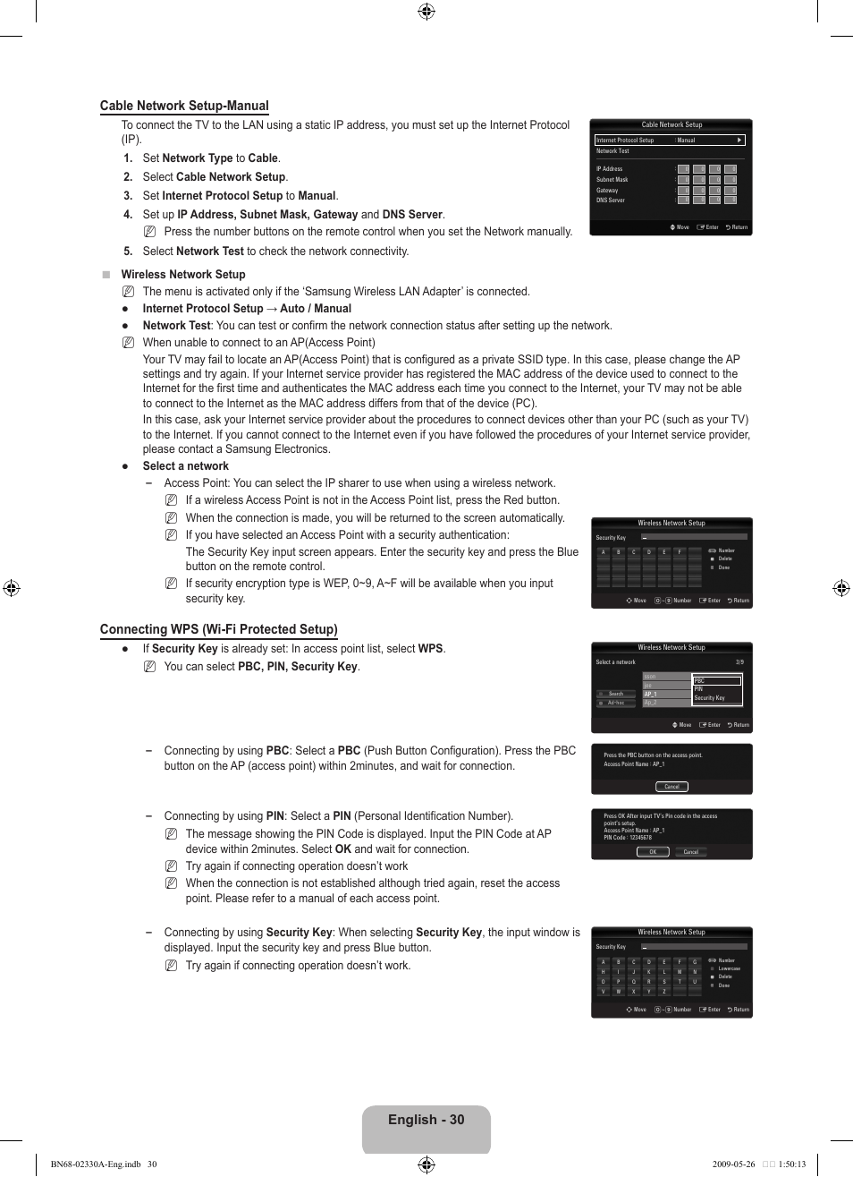 English - 30 cable network setup-manual, Connecting wps (wi-fi protected setup) | Samsung UE46B8090XW User Manual | Page 32 / 317