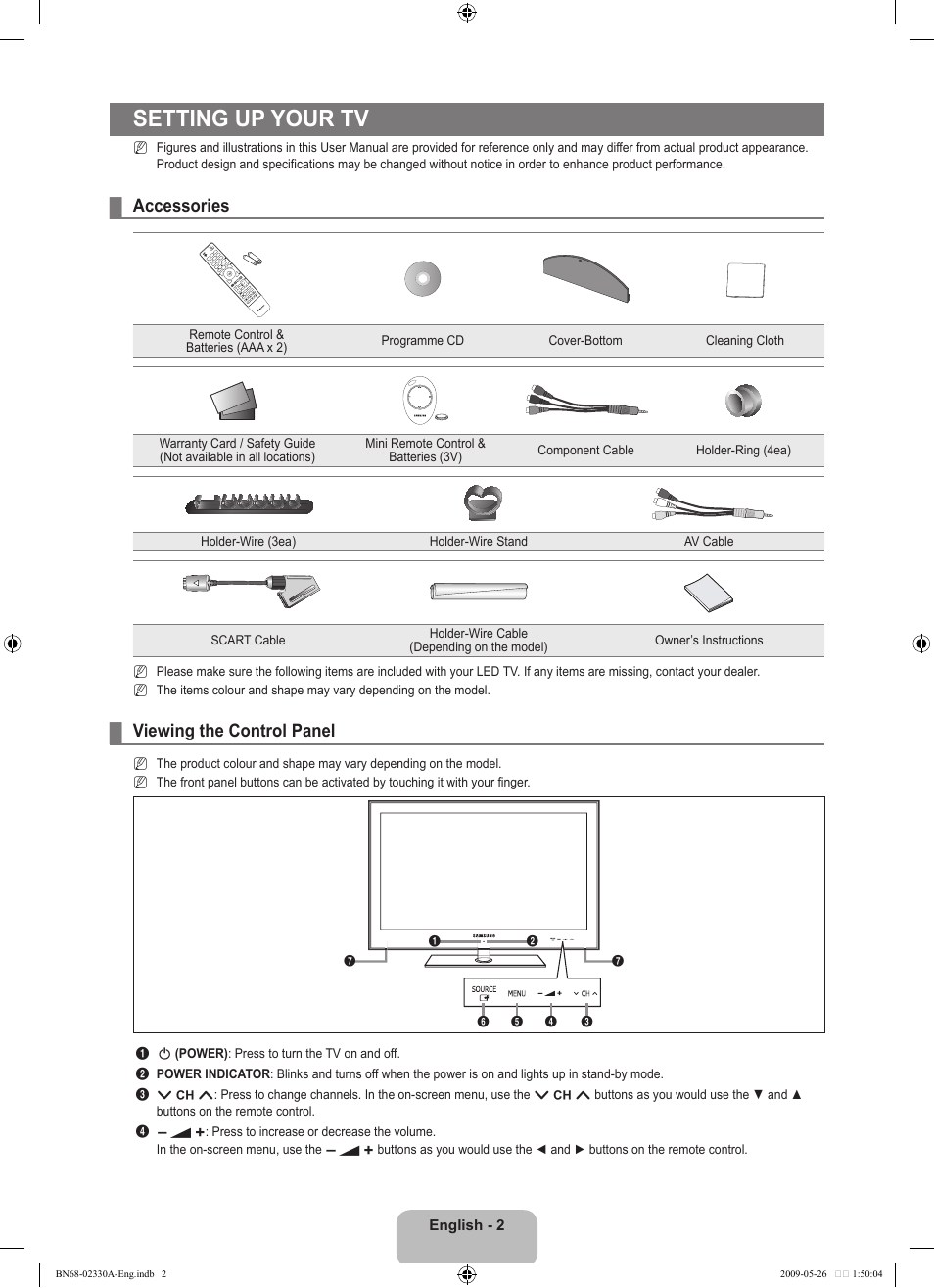 Setting up your tv, Accessories, Viewing the control panel | Samsung UE46B8090XW User Manual | Page 4 / 317
