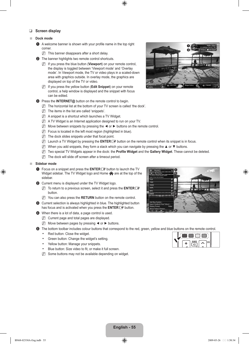 English - 55 screen display | Samsung UE46B8090XW User Manual | Page 57 / 317