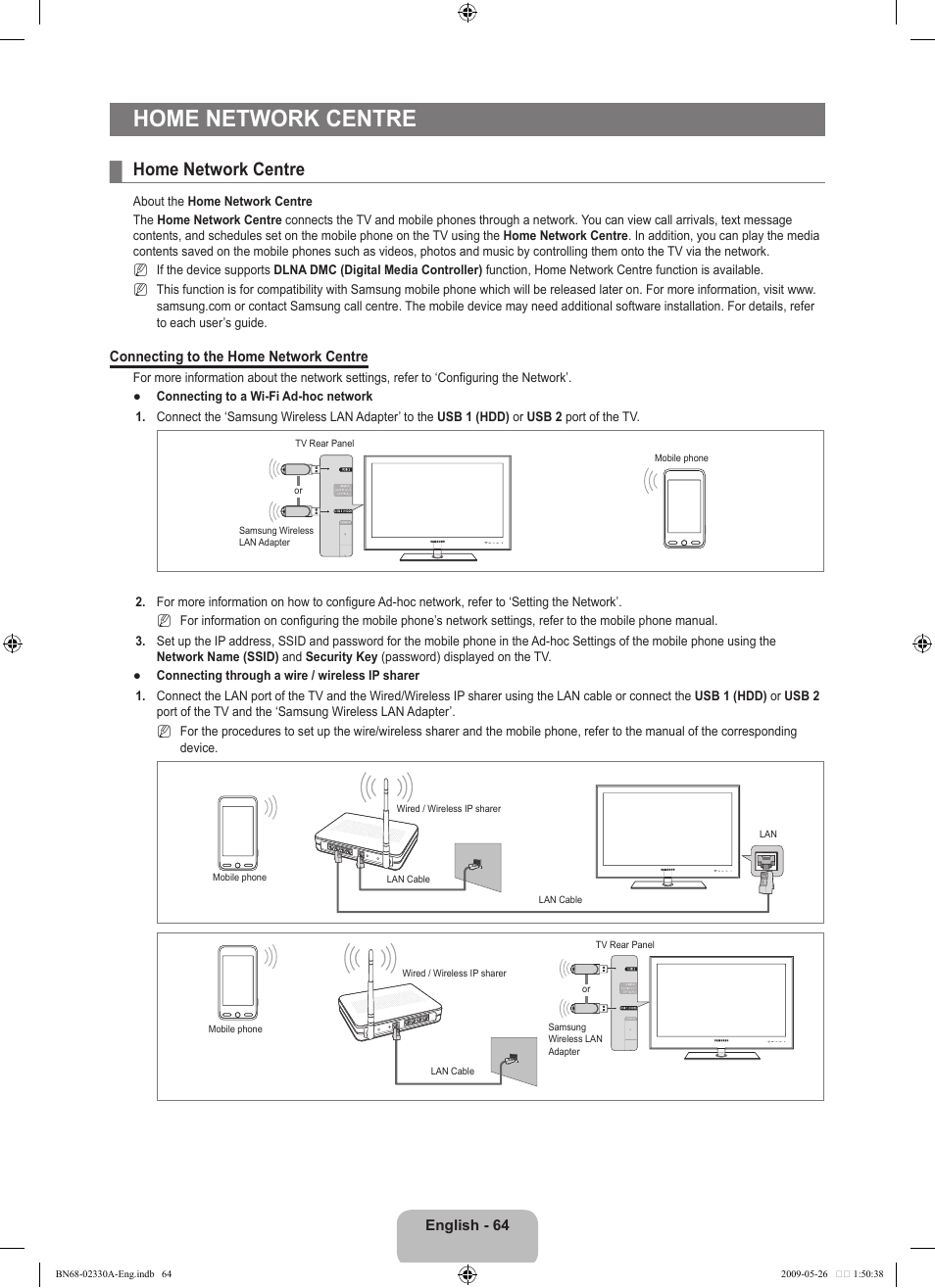 Home network centre | Samsung UE46B8090XW User Manual | Page 66 / 317