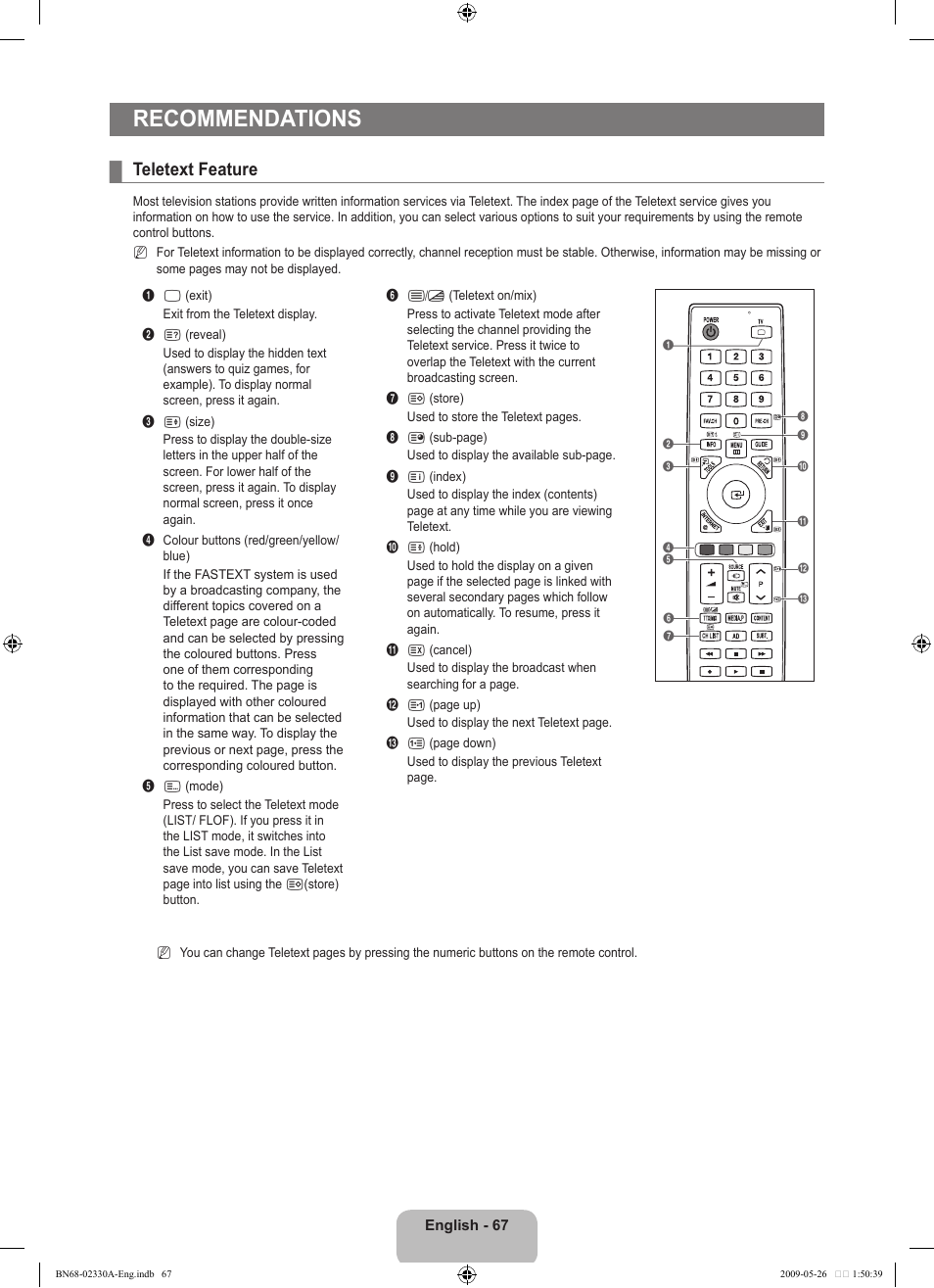 Recommendations, Teletext feature | Samsung UE46B8090XW User Manual | Page 69 / 317