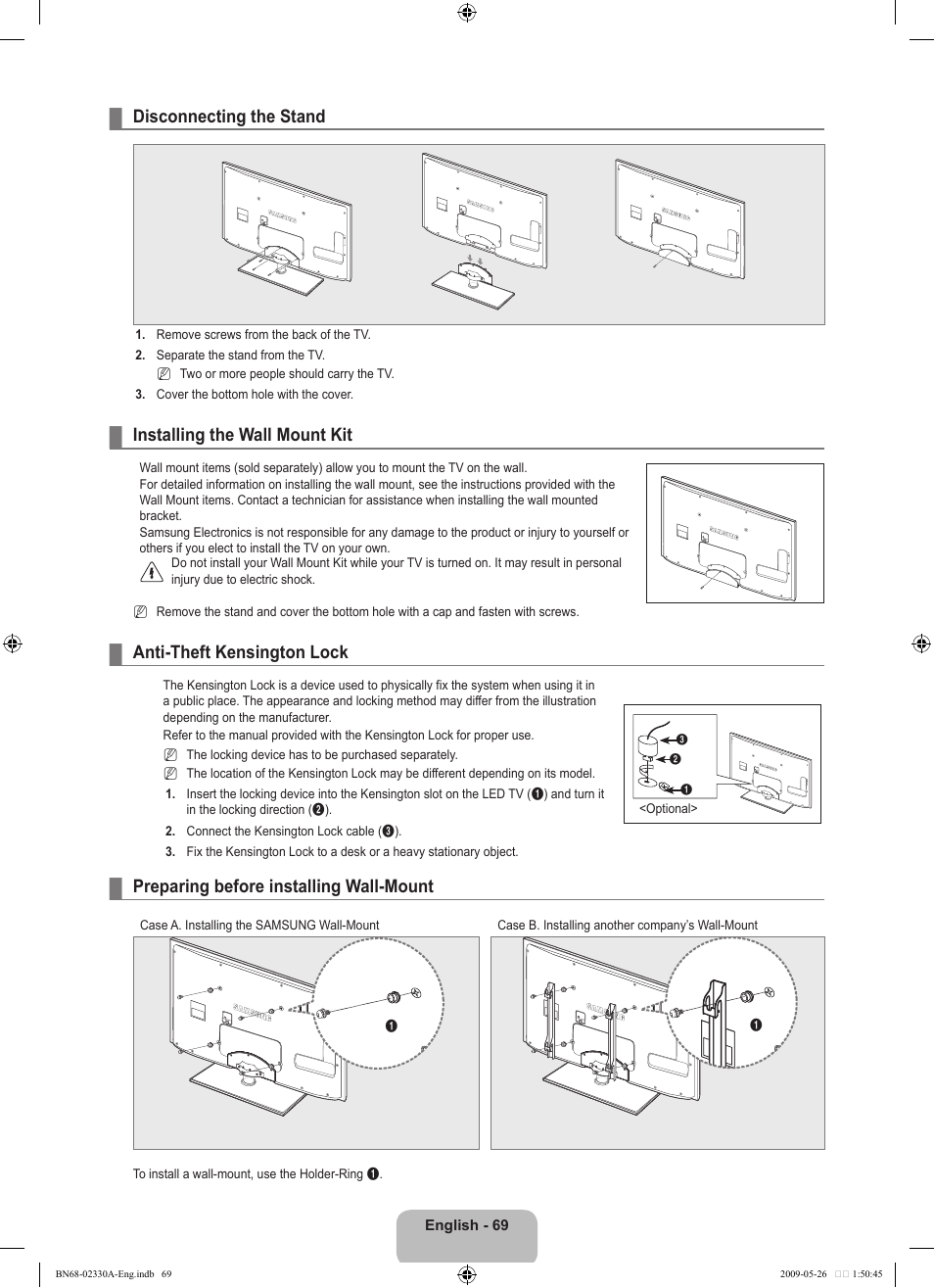 Disconnecting the stand, Installing the wall mount kit, Anti-theft kensington lock | Preparing before installing wall-mount | Samsung UE46B8090XW User Manual | Page 71 / 317