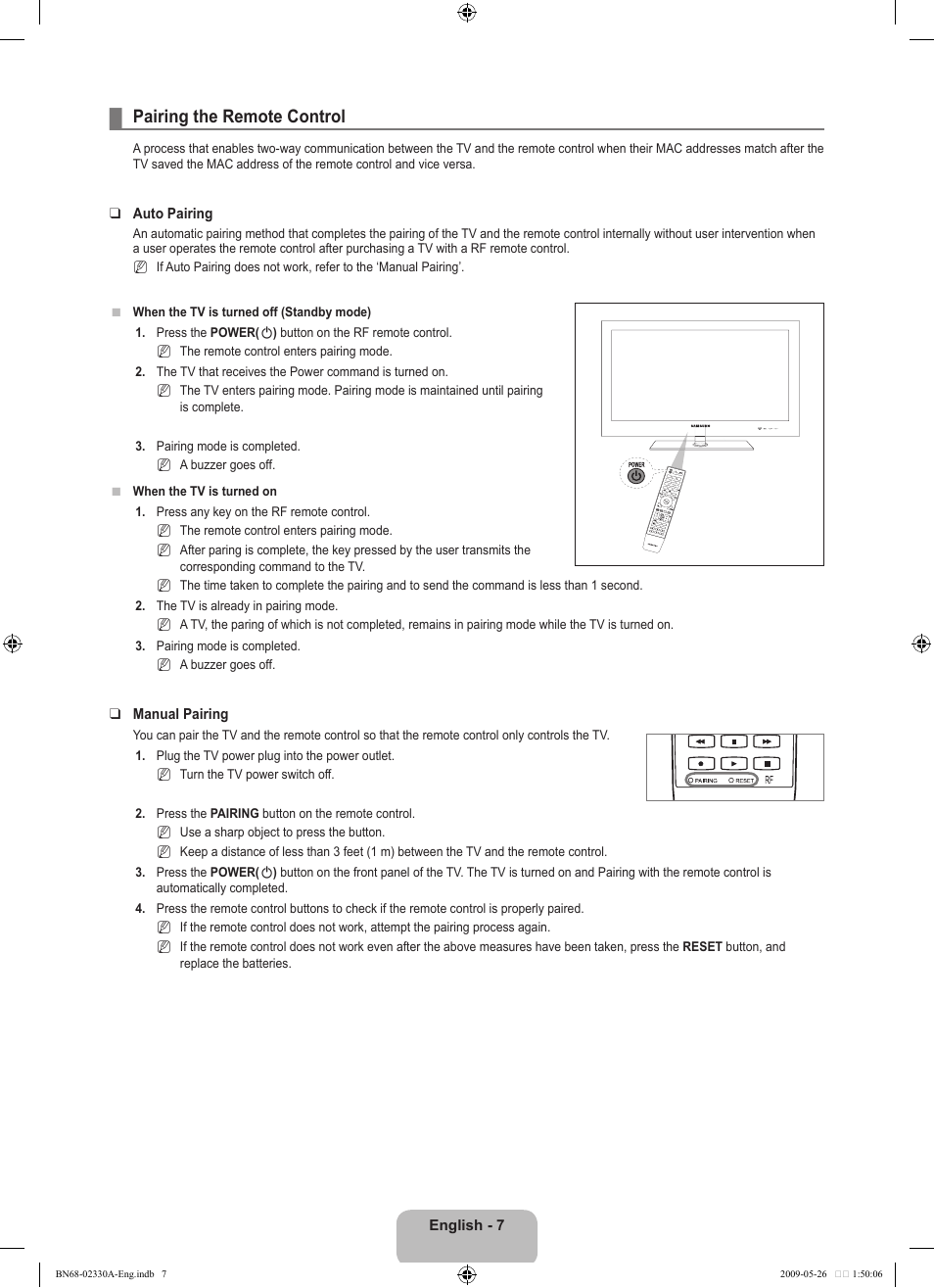 Pairing the remote control | Samsung UE46B8090XW User Manual | Page 9 / 317