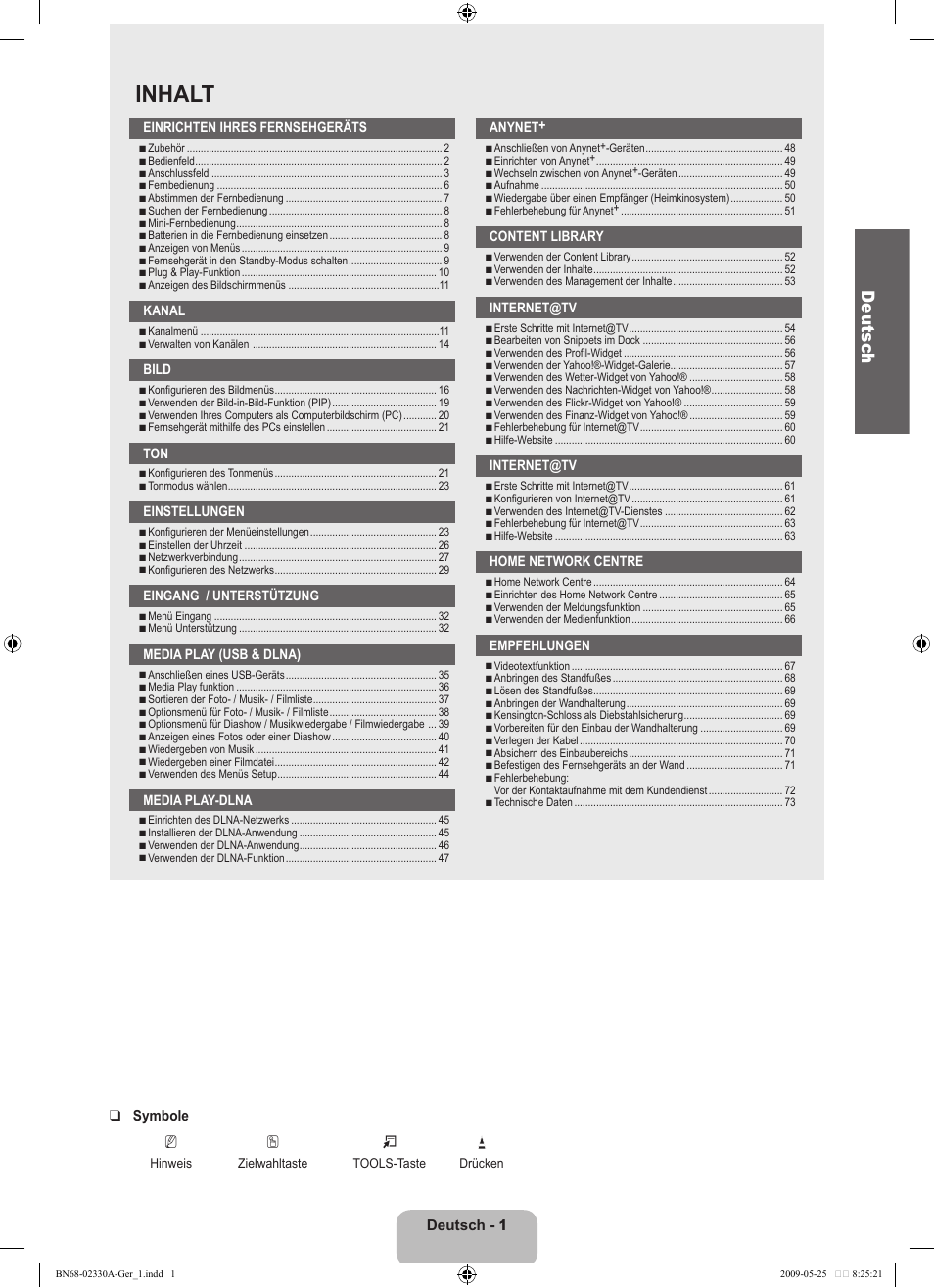 Inhalt, Deutsc h | Samsung UE46B8090XW User Manual | Page 90 / 317
