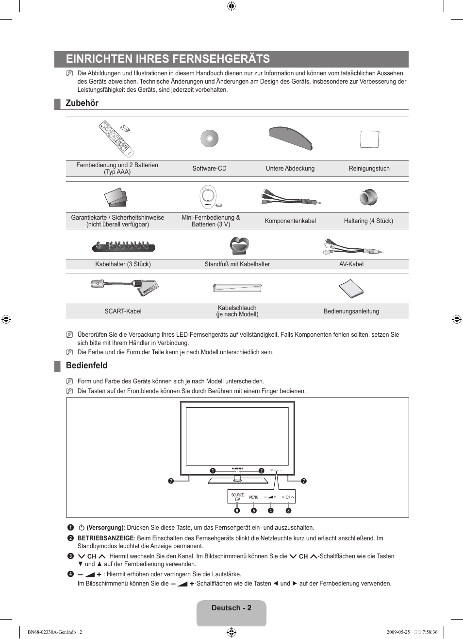 Einrichten ihres fernsehgeräts, Zubehör, Bedienfeld | Samsung UE46B8090XW User Manual | Page 91 / 317