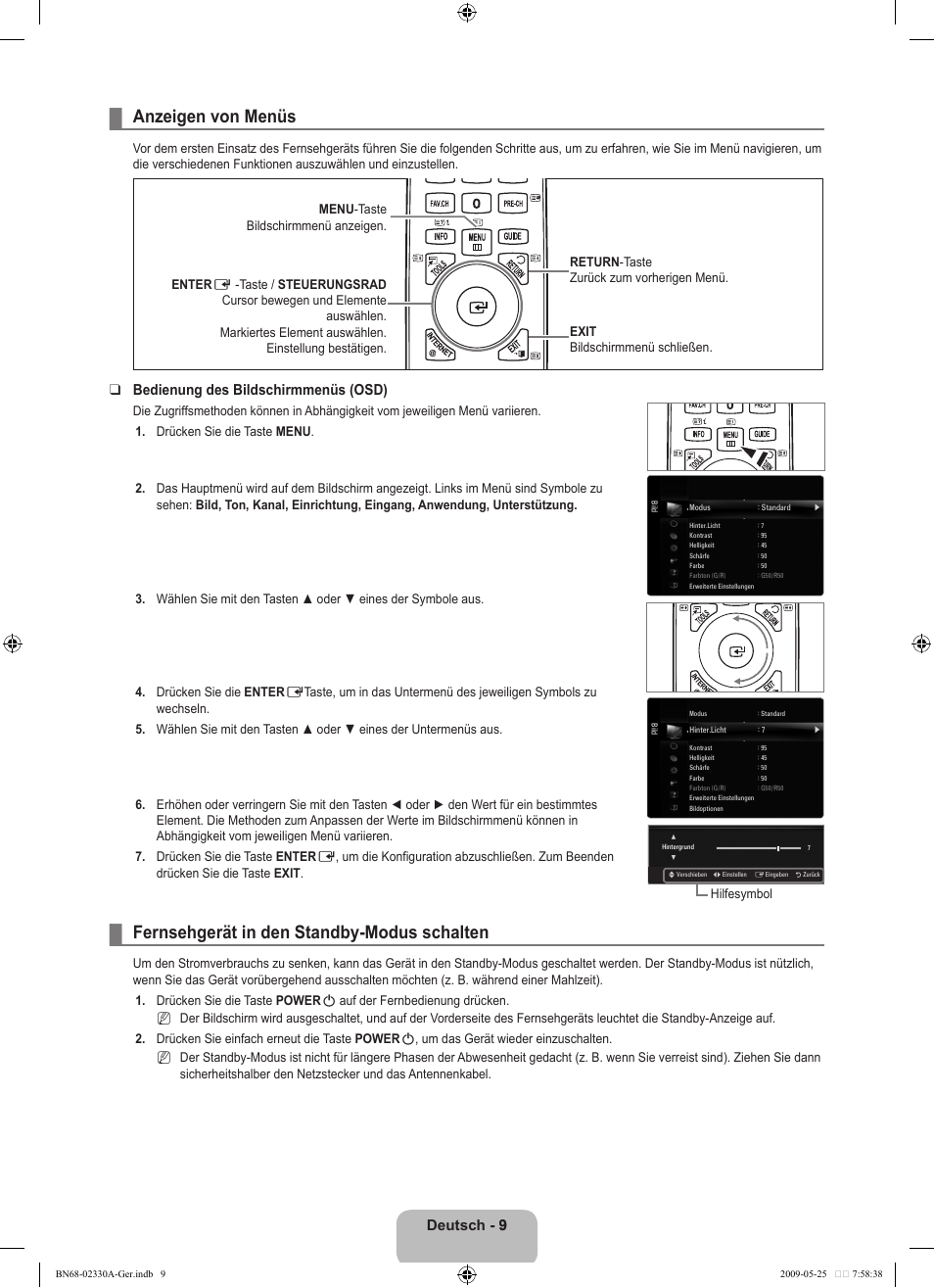Anzeigen von menüs, Fernsehgerät in den standby-modus schalten, Deutsch | Bedienung des bildschirmmenüs (osd) | Samsung UE46B8090XW User Manual | Page 98 / 317