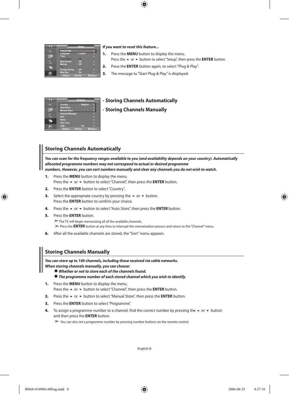 Setting the channels, Storing channels automatically, Storing channels manually | Samsung LE40M71B User Manual | Page 10 / 320