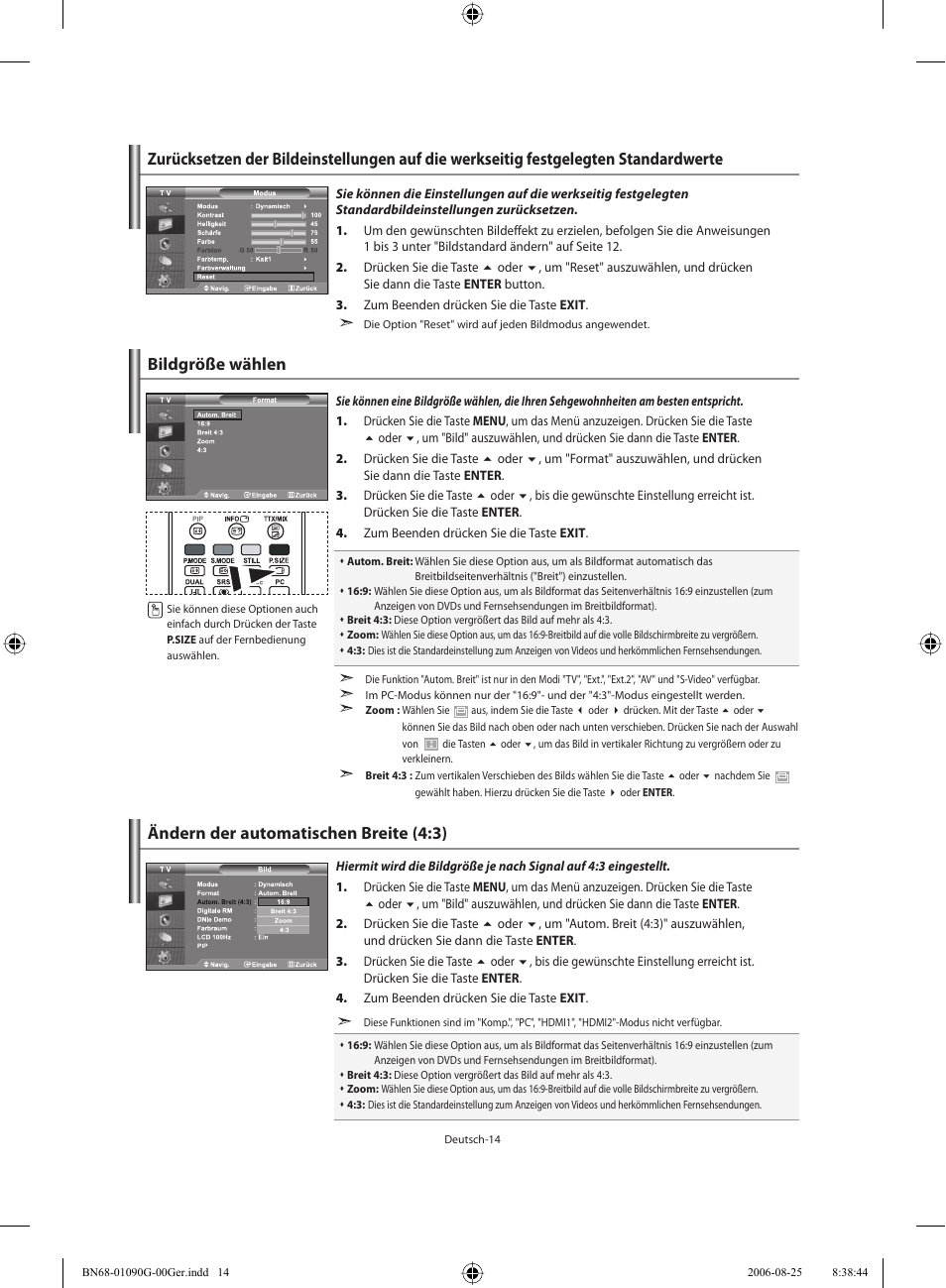 Bildgröße wählen, Ändern der automatischen breite (4:3) | Samsung LE40M71B User Manual | Page 106 / 320