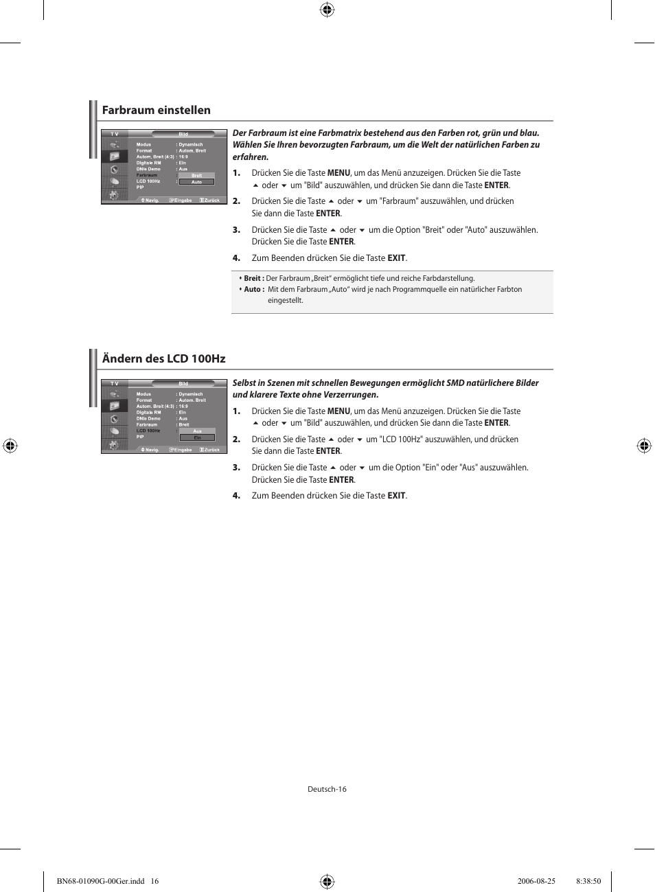 Farbraum einstellen, Ändern des lcd 100hz | Samsung LE40M71B User Manual | Page 108 / 320