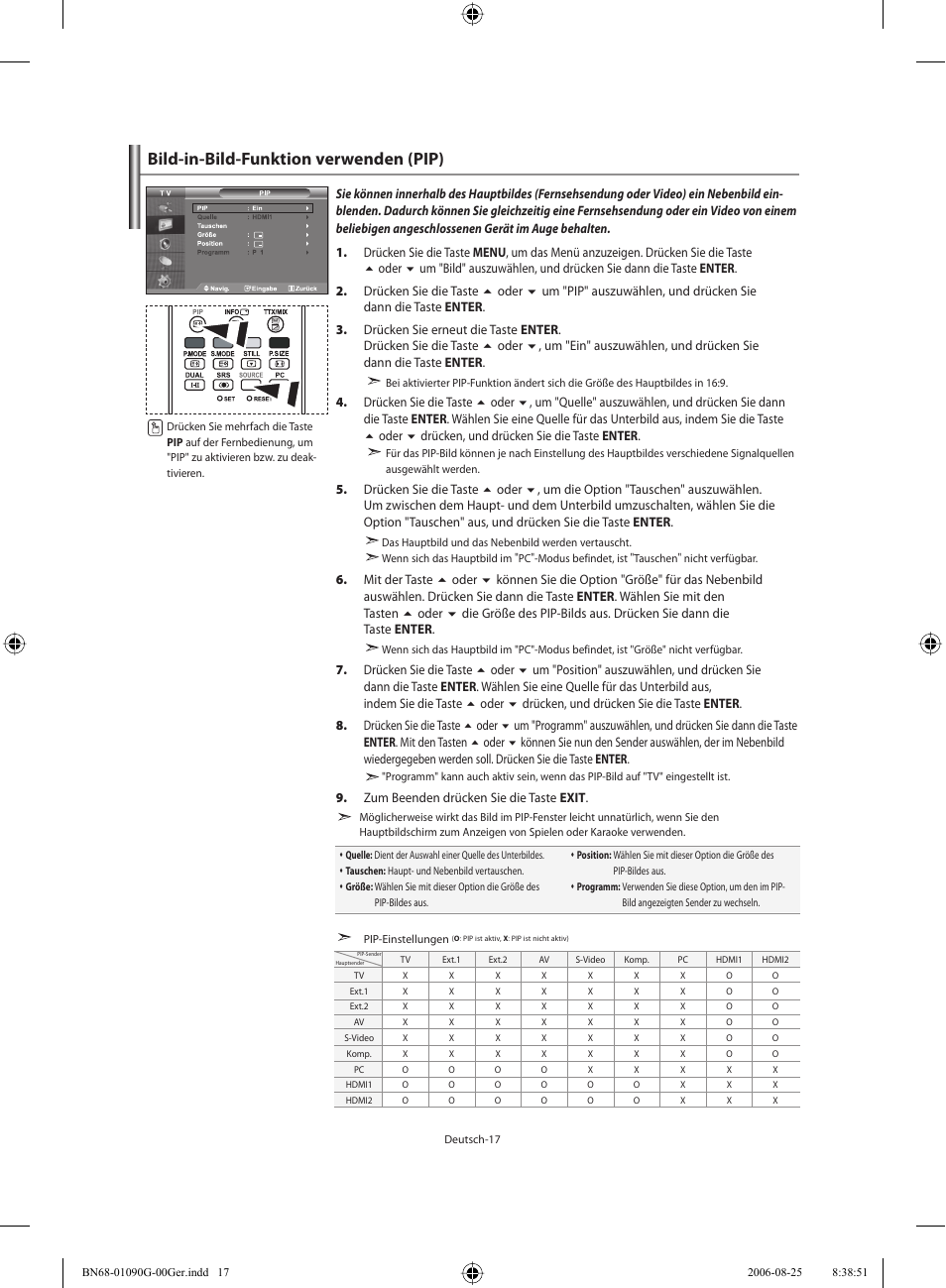 Bild-in-bild-funktion verwenden (pip) | Samsung LE40M71B User Manual | Page 109 / 320