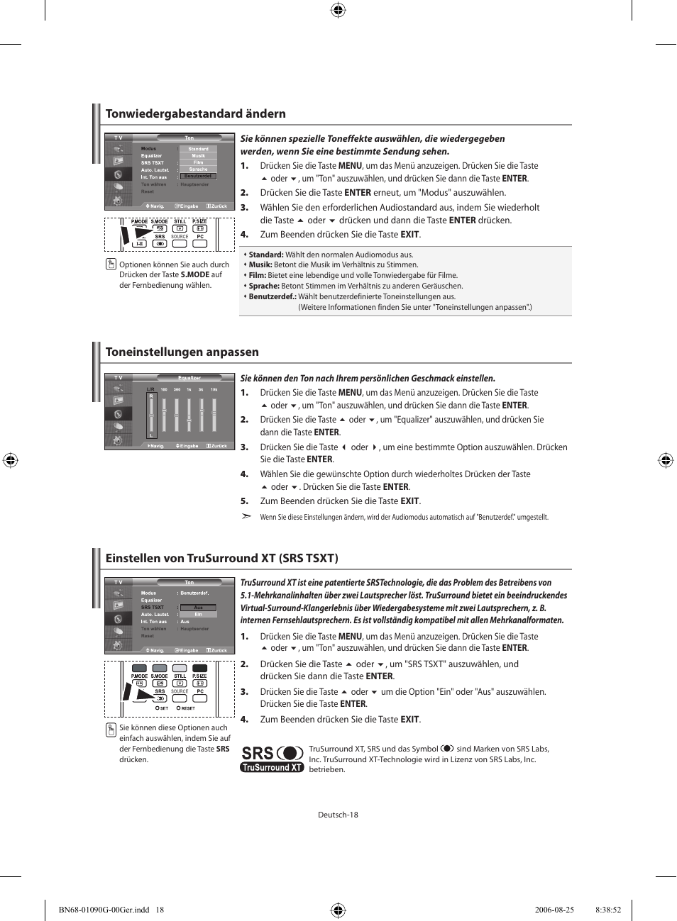 Tonwiedergabestandard ändern, Toneinstellungen anpassen, Einstellen von trusurround xt (srs tsxt) | Samsung LE40M71B User Manual | Page 110 / 320