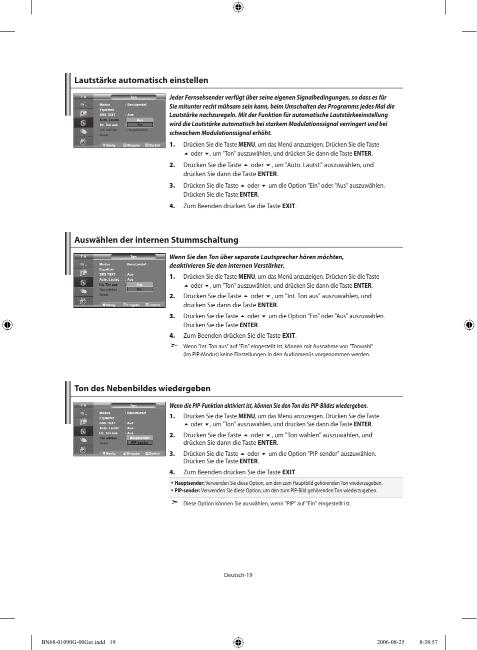 Lautstärke automatisch einstellen, Auswählen der internen stummschaltung, Ton des nebenbildes wiedergeben | Samsung LE40M71B User Manual | Page 111 / 320
