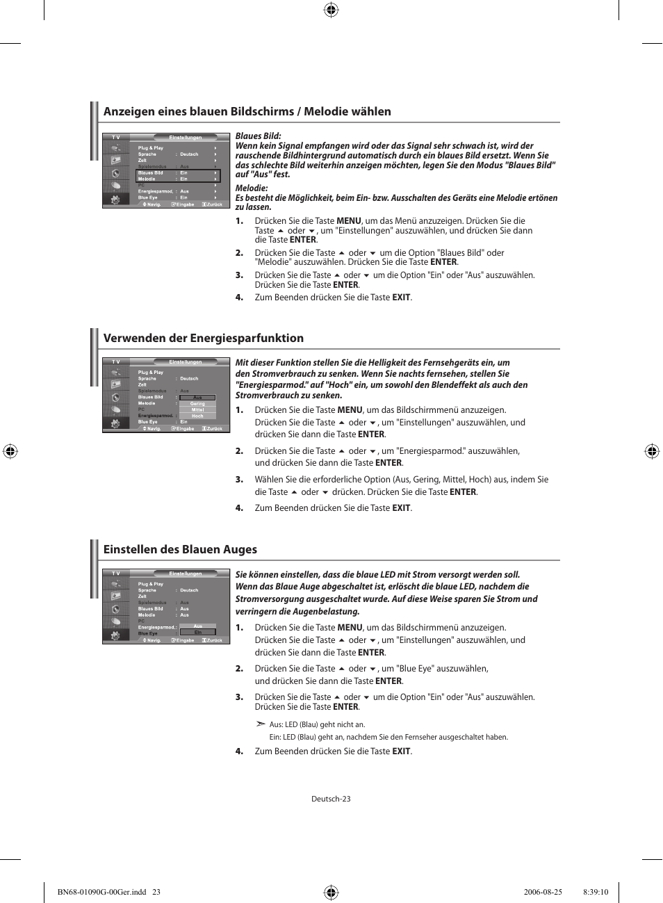 Anzeigen eines blauen bildschirms / melodie wählen, Verwenden der energiesparfunktion, Einstellen des blauen auges | Samsung LE40M71B User Manual | Page 115 / 320