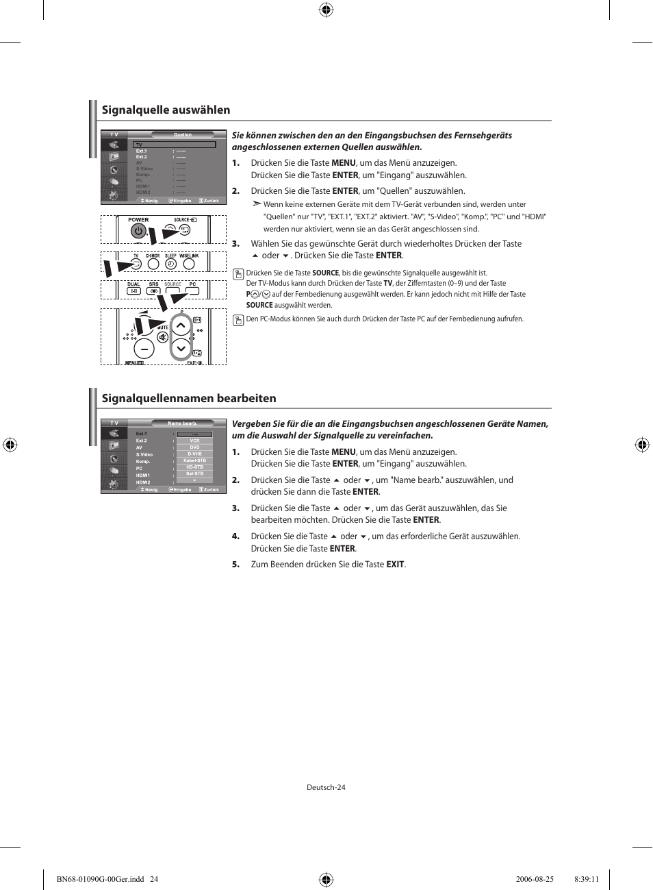 Signalquelle auswählen, Signalquellennamen bearbeiten | Samsung LE40M71B User Manual | Page 116 / 320