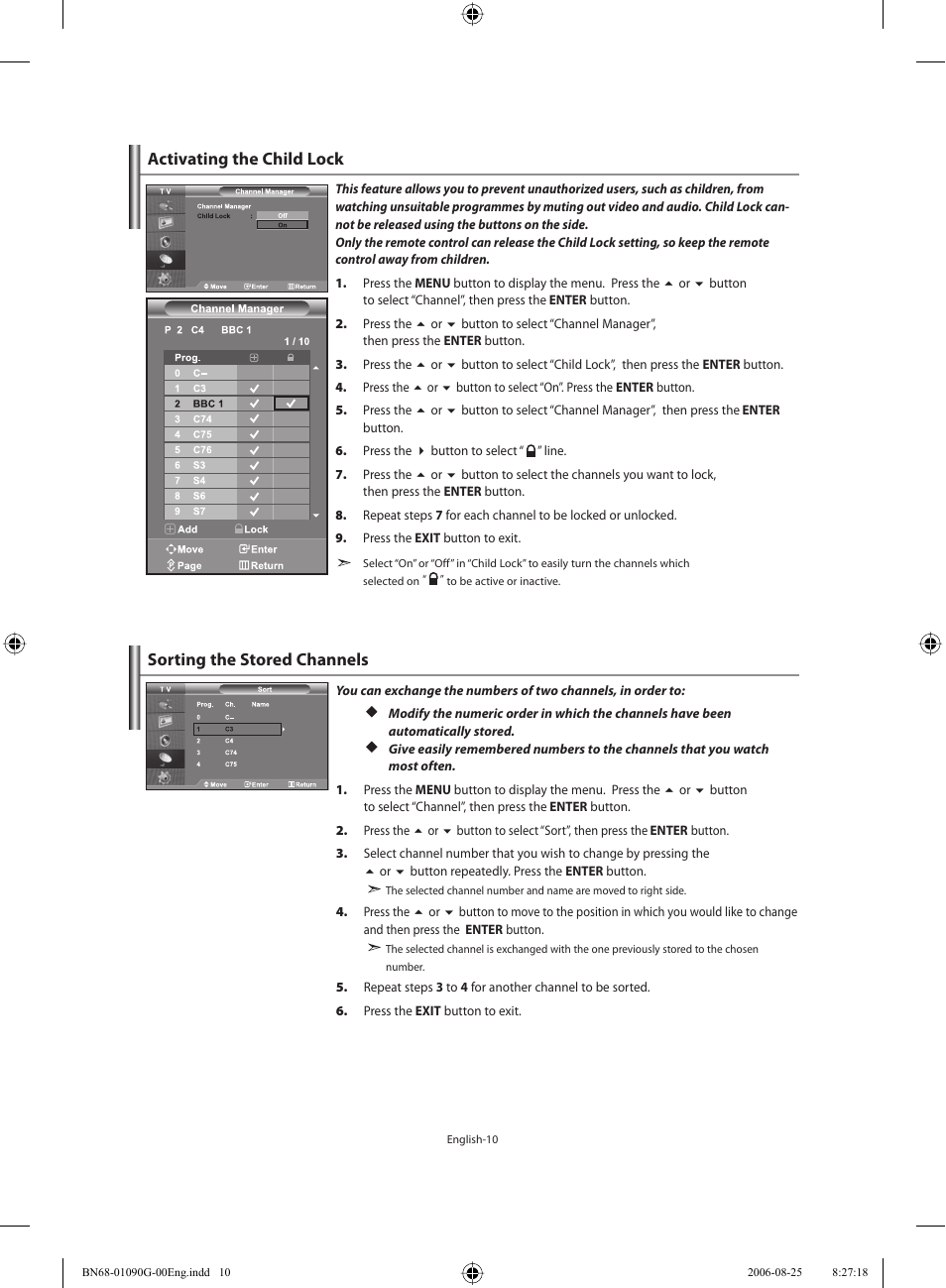 Activating the child lock, Sorting the stored channels | Samsung LE40M71B User Manual | Page 12 / 320