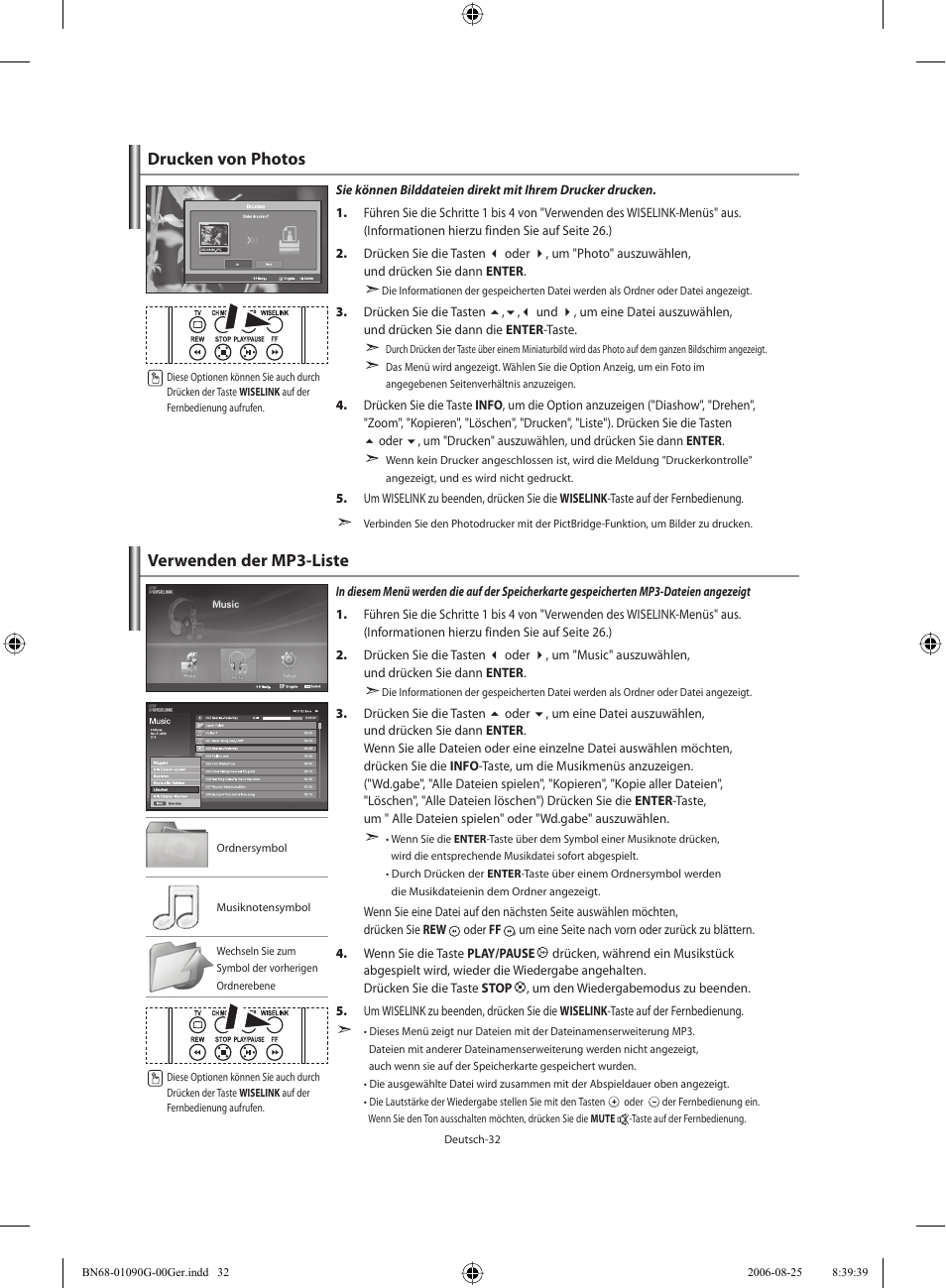Verwenden der mp3-liste, Drucken von photos | Samsung LE40M71B User Manual | Page 124 / 320