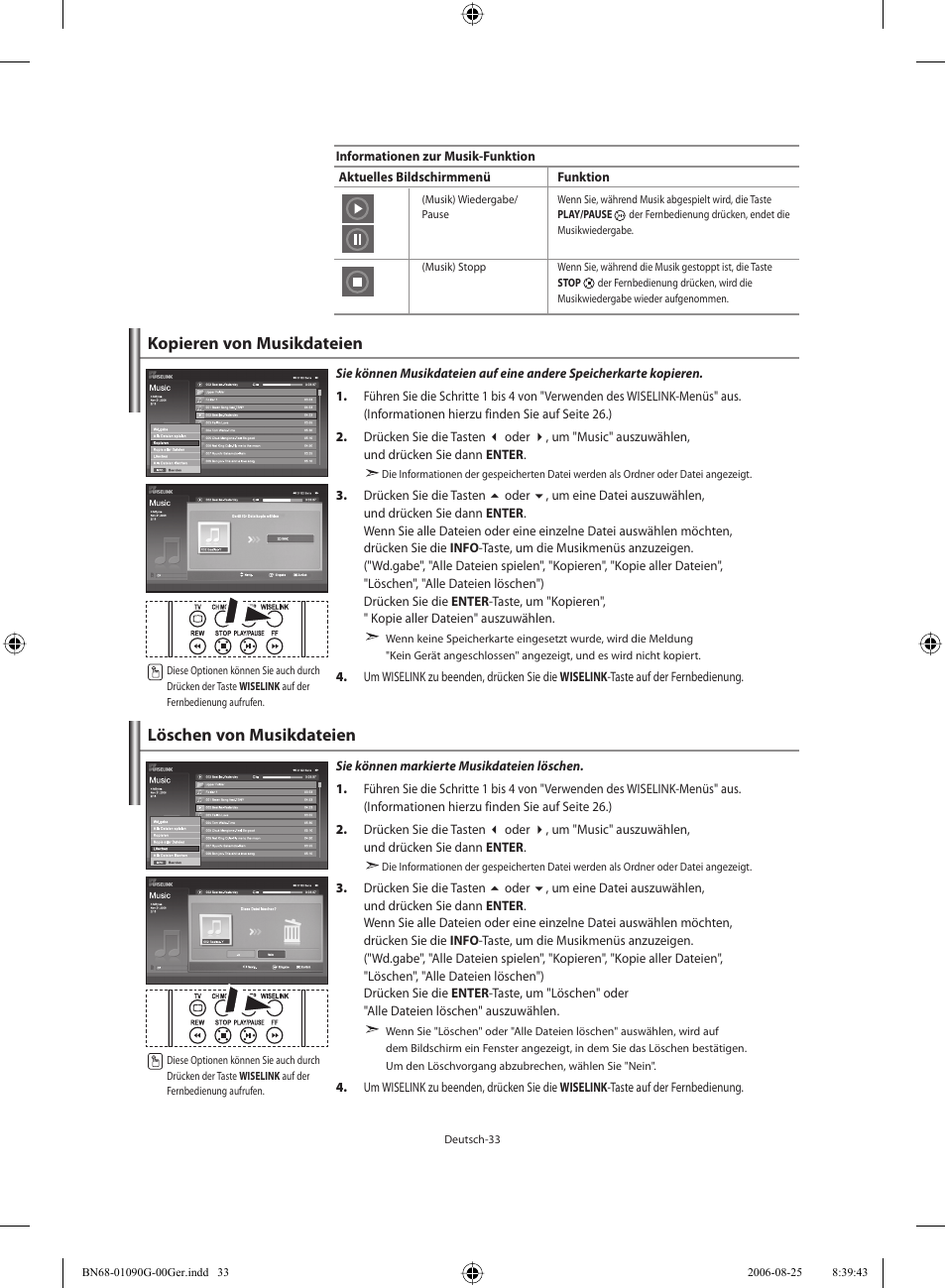 Kopieren von musikdateien, Löschen von musikdateien | Samsung LE40M71B User Manual | Page 125 / 320