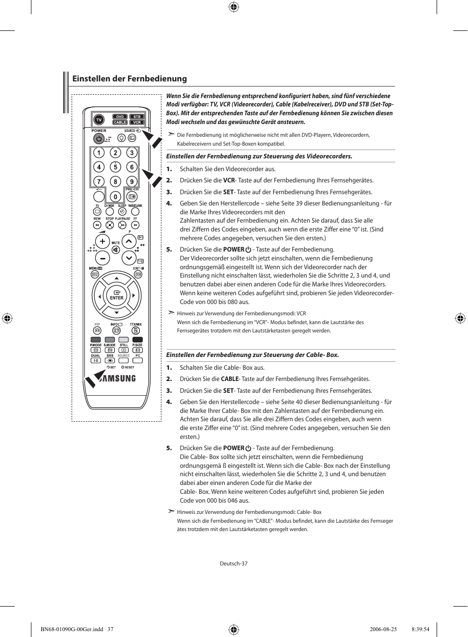 Einstellen der fernbedienung | Samsung LE40M71B User Manual | Page 129 / 320