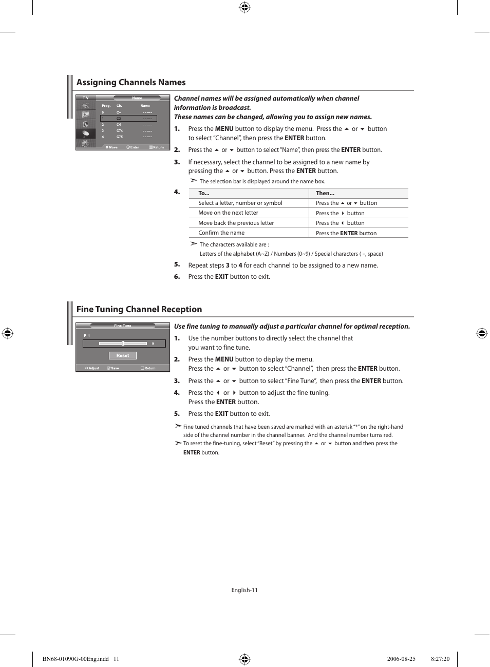 Assigning channels names, Fine tuning channel reception | Samsung LE40M71B User Manual | Page 13 / 320