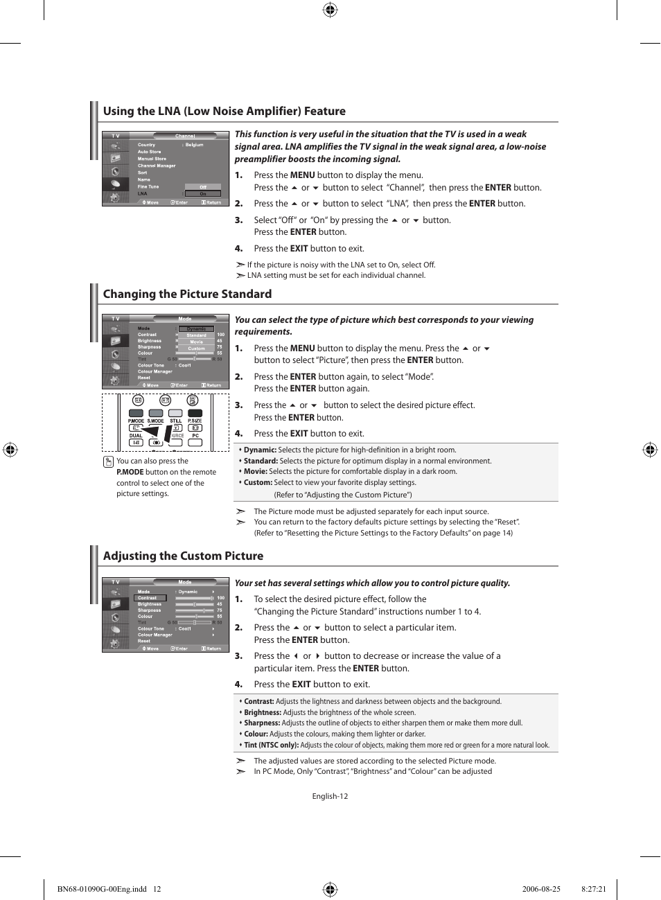 Setting the picture, Using the lna (low noise amplifier) feature, Changing the picture standard | Adjusting the custom picture | Samsung LE40M71B User Manual | Page 14 / 320