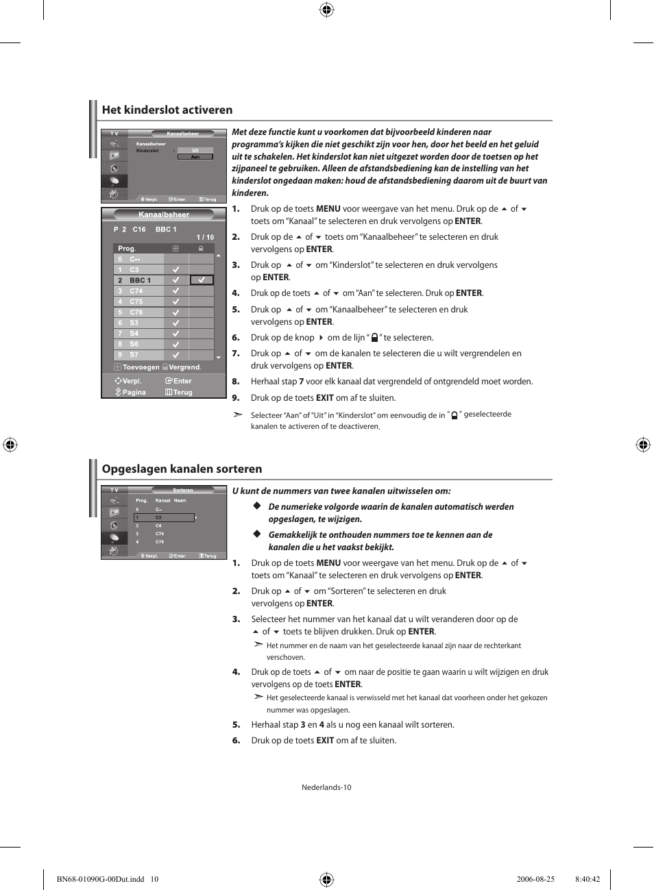 Opgeslagen kanalen sorteren, Het kinderslot activeren | Samsung LE40M71B User Manual | Page 147 / 320