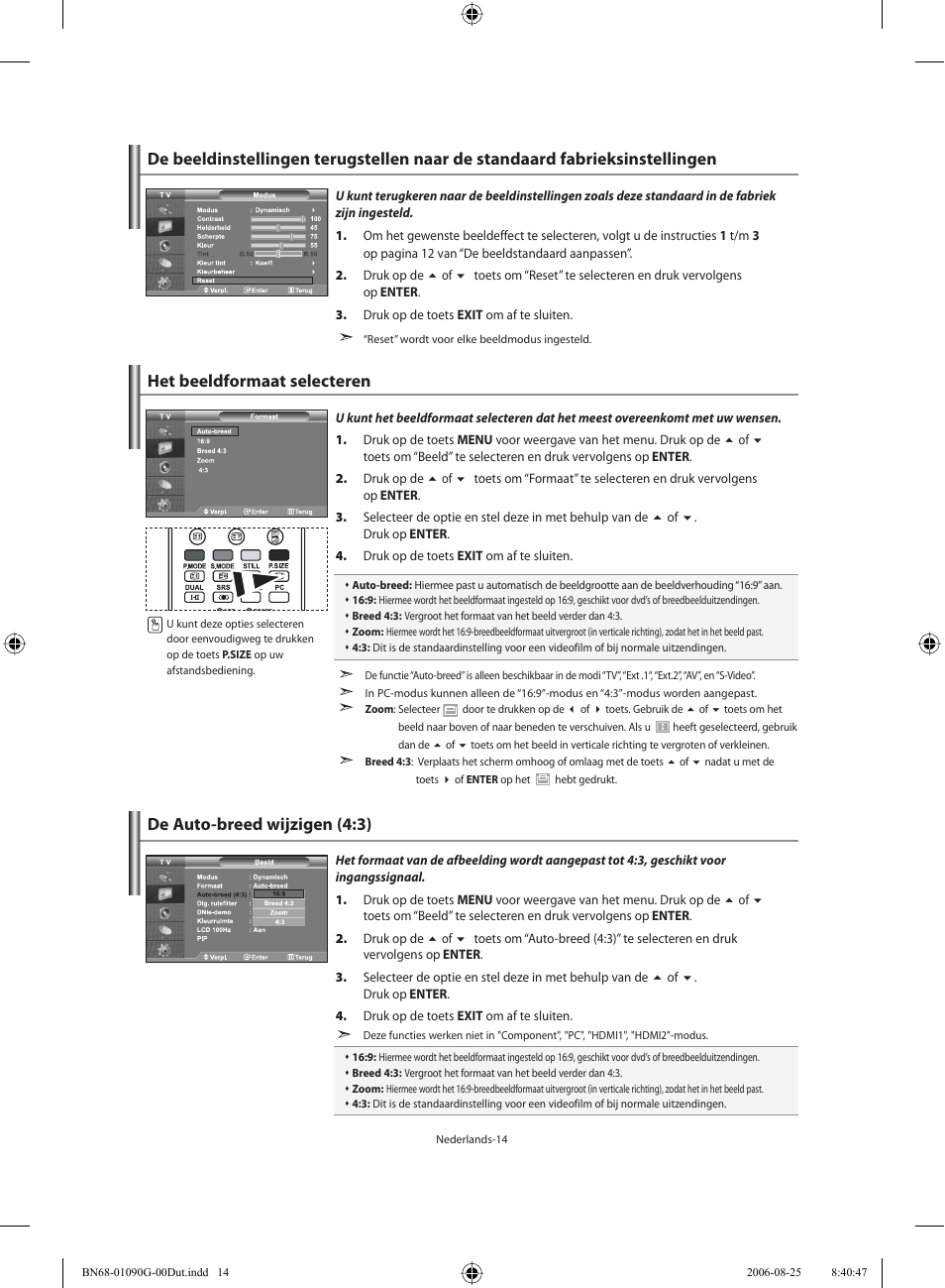 Het beeldformaat selecteren, De auto-breed wijzigen (4:3) | Samsung LE40M71B User Manual | Page 151 / 320