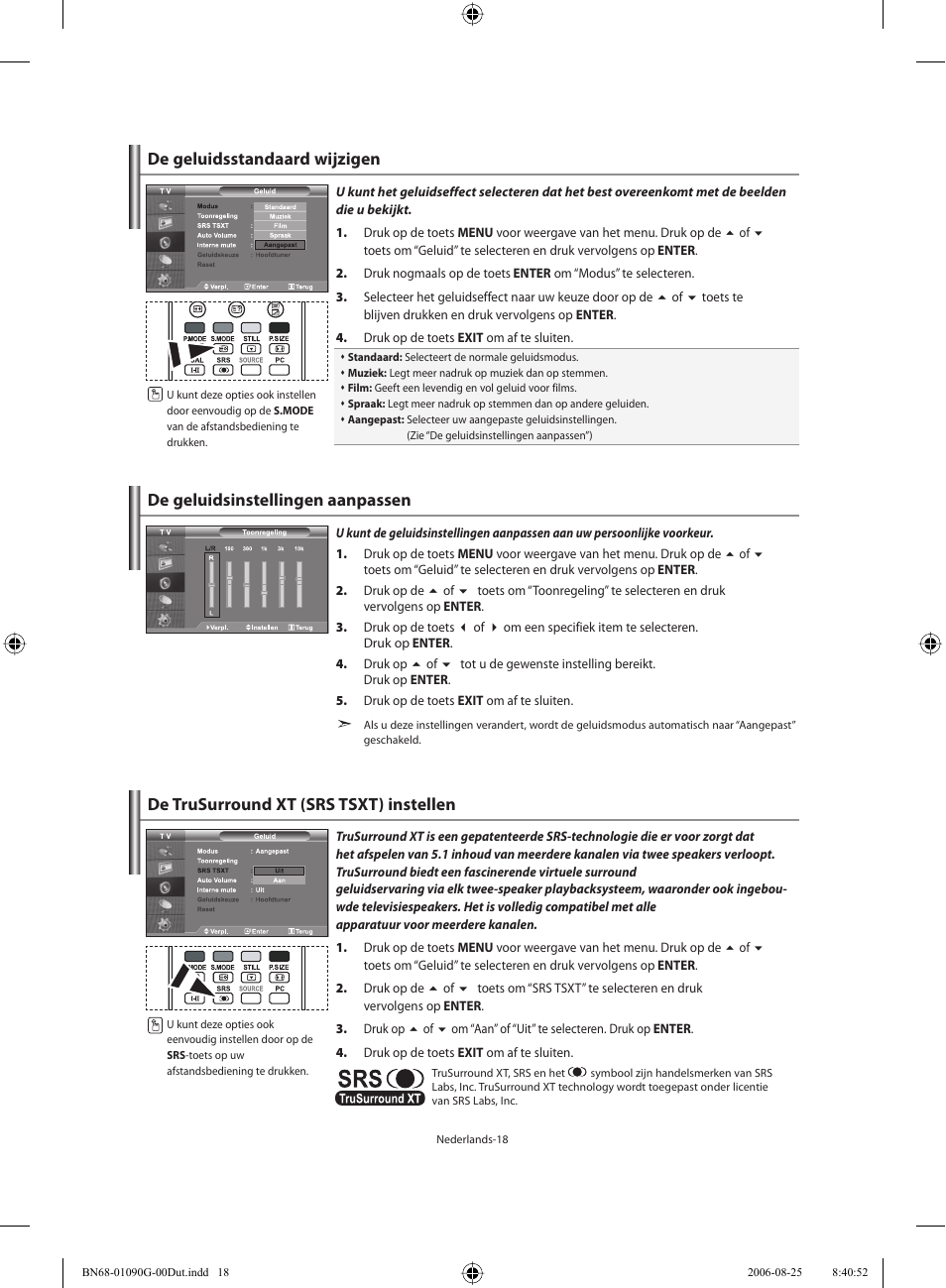 De geluidsstandaard wijzigen, De geluidsinstellingen aanpassen, De trusurround xt (srs tsxt) instellen | Samsung LE40M71B User Manual | Page 155 / 320
