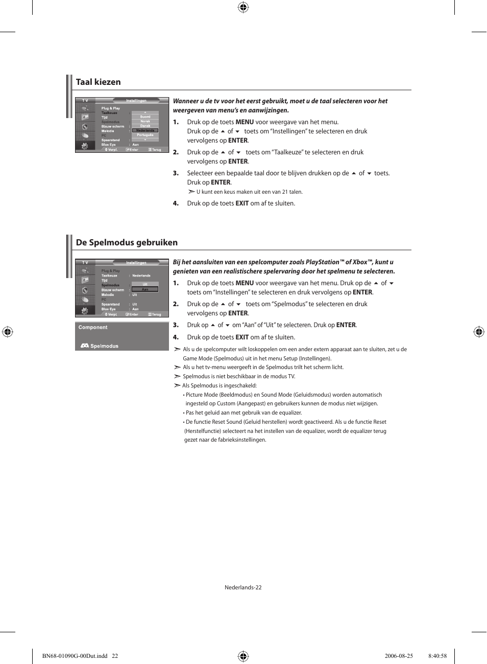 Taal kiezen, De spelmodus gebruiken | Samsung LE40M71B User Manual | Page 159 / 320
