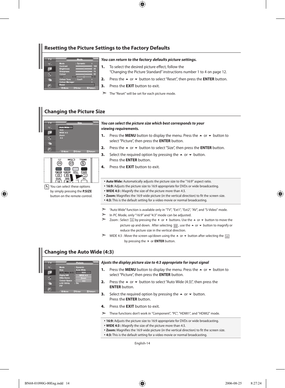 Changing the picture size, Changing the auto wide (4:3) | Samsung LE40M71B User Manual | Page 16 / 320