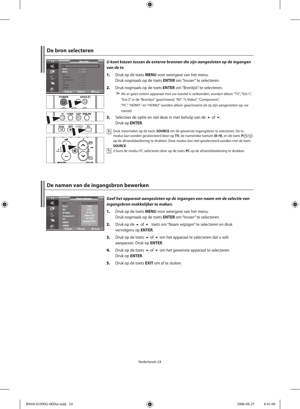 De bron selecteren, De namen van de ingangsbron bewerken | Samsung LE40M71B User Manual | Page 161 / 320