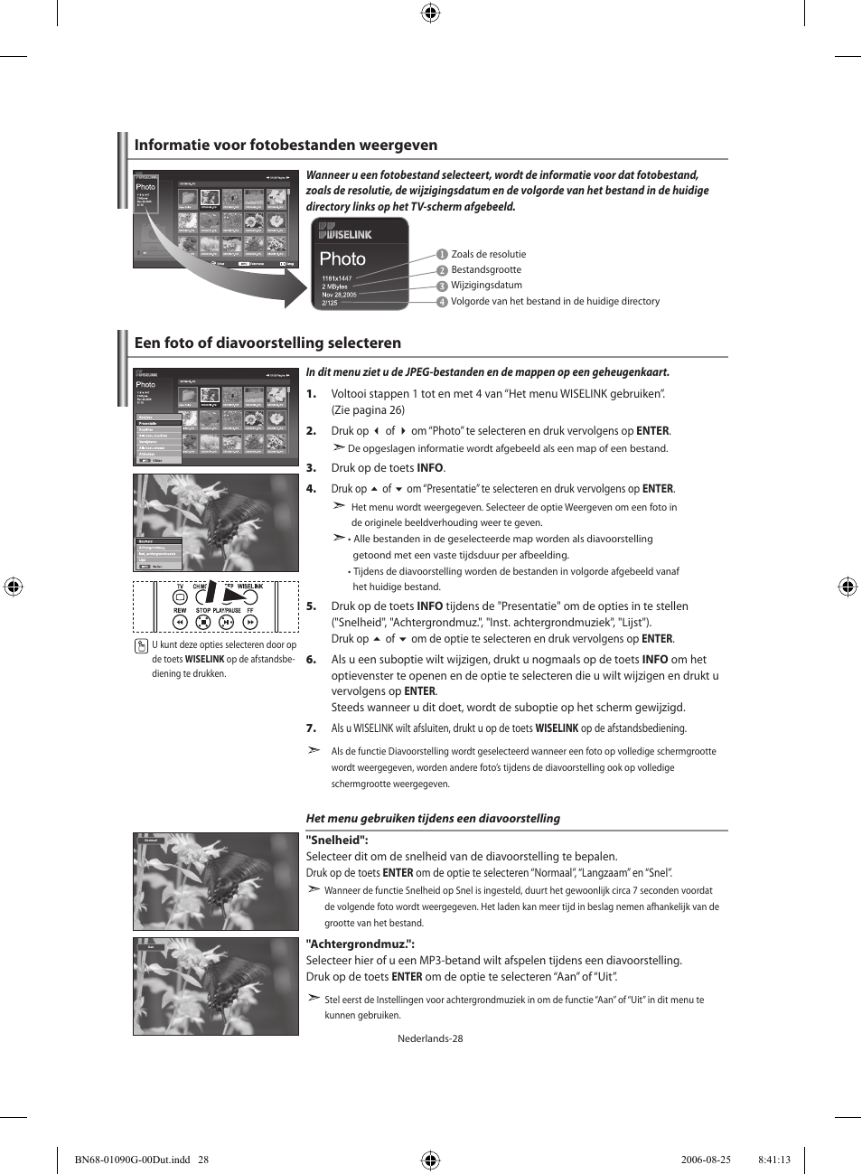 Een foto of diavoorstelling selecteren, Informatie voor fotobestanden weergeven | Samsung LE40M71B User Manual | Page 165 / 320