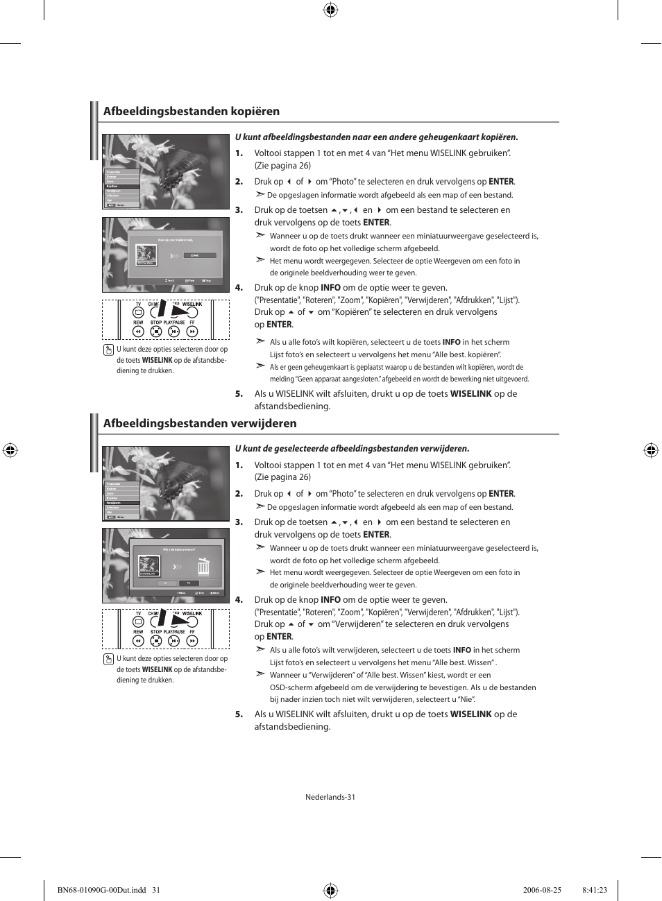 Afbeeldingsbestanden kopiëren, Afbeeldingsbestanden verwijderen | Samsung LE40M71B User Manual | Page 168 / 320