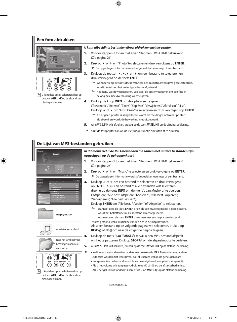 De lijst van mp3-bestanden gebruiken, Een foto afdrukken | Samsung LE40M71B User Manual | Page 169 / 320