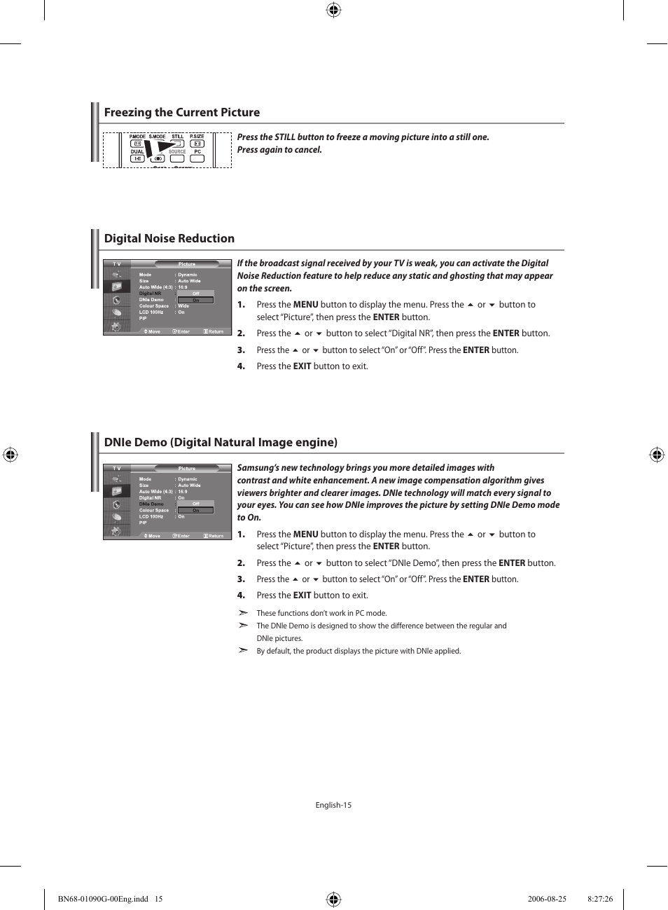 Freezing the current picture, Digital noise reduction, Dnie demo (digital natural image engine) | Samsung LE40M71B User Manual | Page 17 / 320