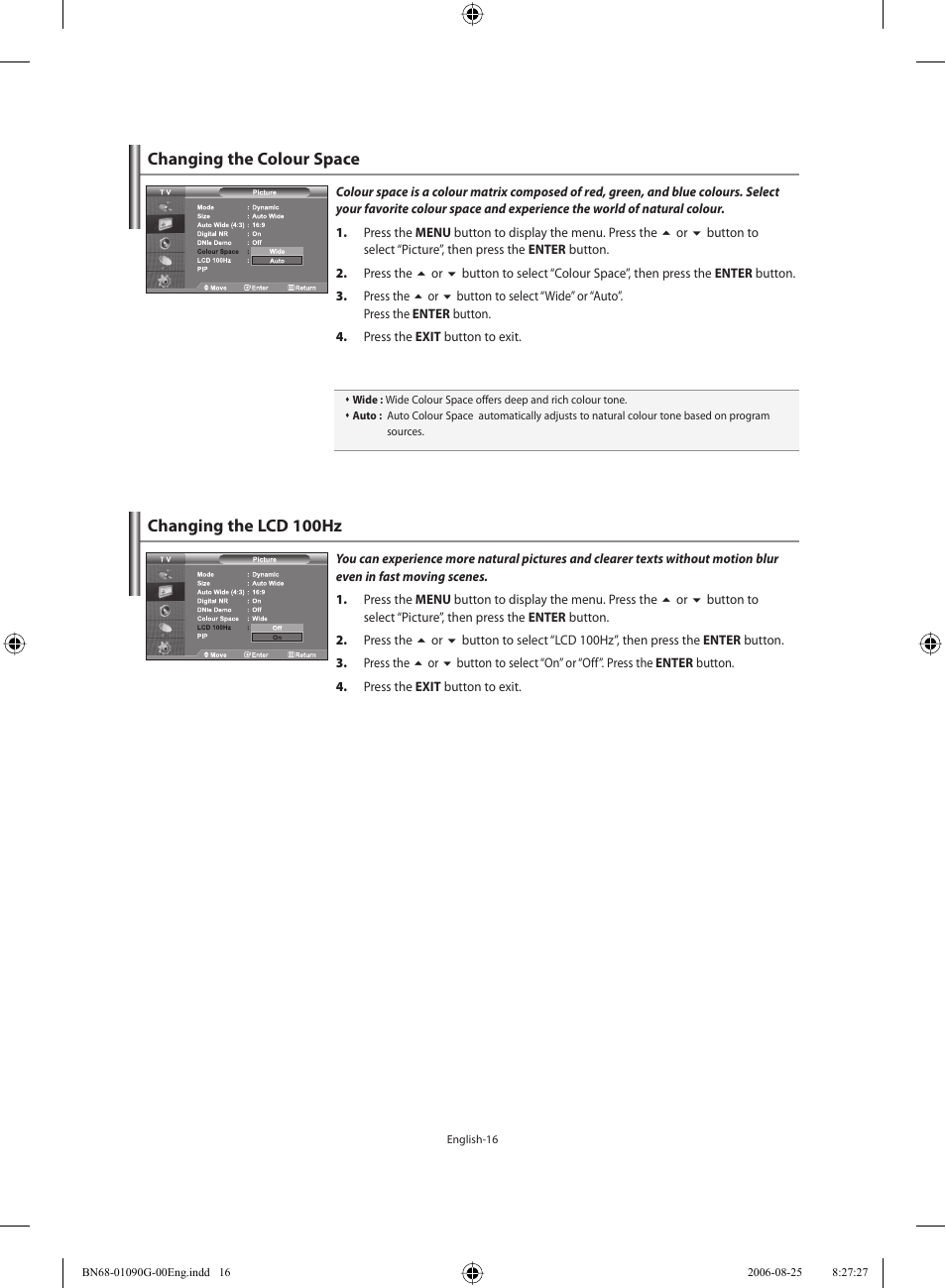 Changing the colour space, Changing the lcd 100hz | Samsung LE40M71B User Manual | Page 18 / 320