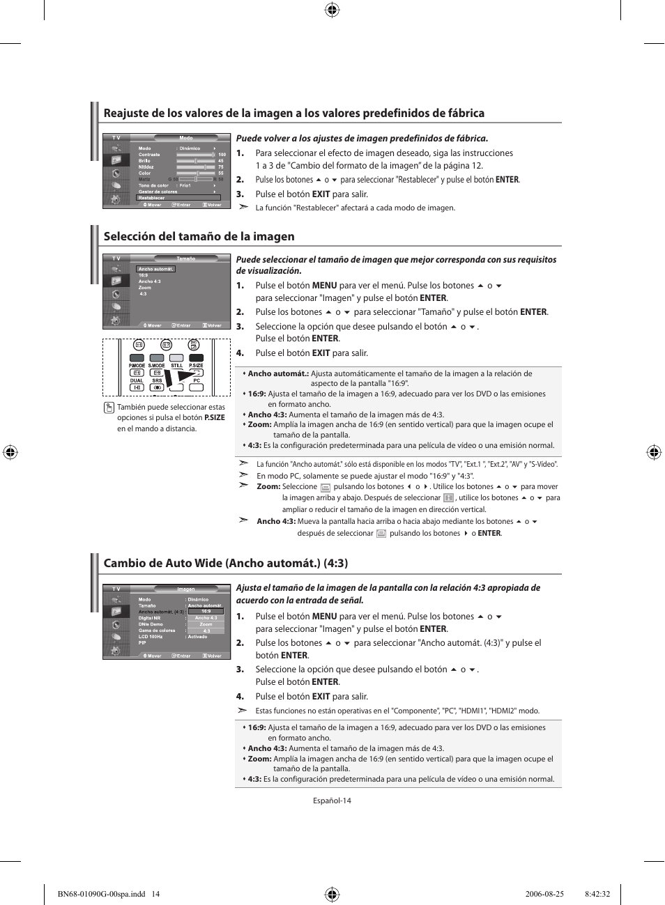 Selección del tamaño de la imagen, Cambio de auto wide (ancho automát.) (4:3) | Samsung LE40M71B User Manual | Page 196 / 320