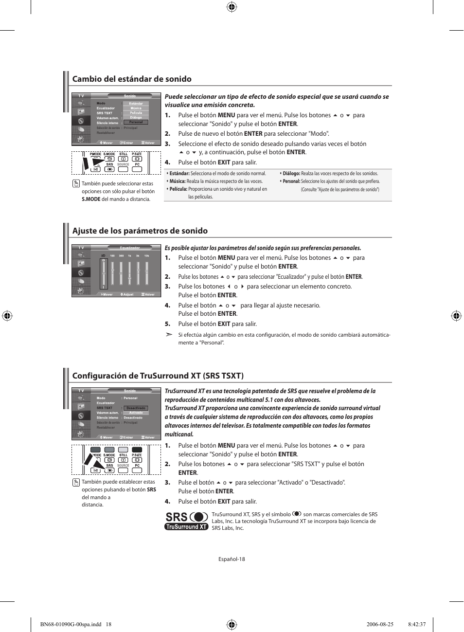 Cambio del estándar de sonido, Ajuste de los parámetros de sonido, Configuración de trusurround xt (srs tsxt) | Samsung LE40M71B User Manual | Page 200 / 320