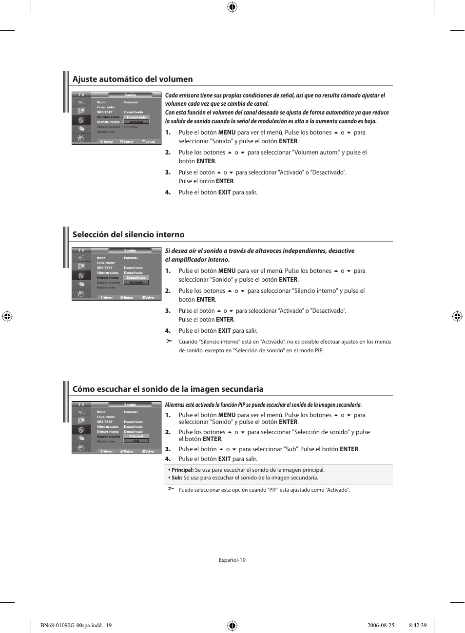 Ajuste automático del volumen, Selección del silencio interno, Cómo escuchar el sonido de la imagen secundaria | Samsung LE40M71B User Manual | Page 201 / 320