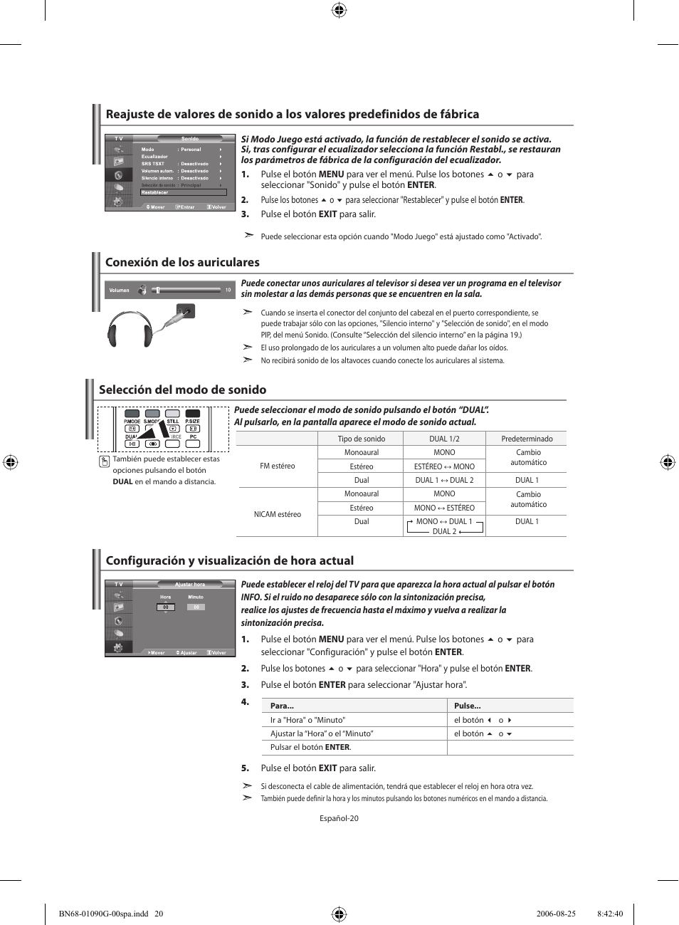 Conexión de los auriculares, Selección del modo de sonido | Samsung LE40M71B User Manual | Page 202 / 320