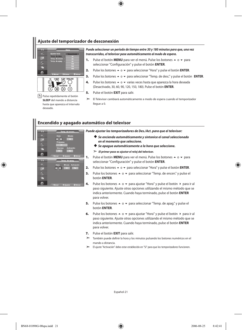 Ajuste del temporizador de desconexión, Encendido y apagado automático del televisor | Samsung LE40M71B User Manual | Page 203 / 320