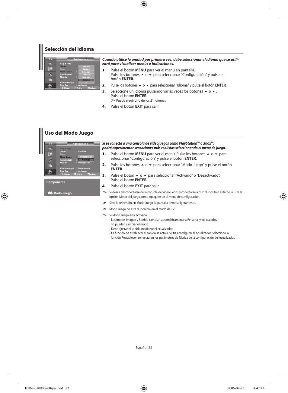 Selección del idioma, Uso del modo juego | Samsung LE40M71B User Manual | Page 204 / 320