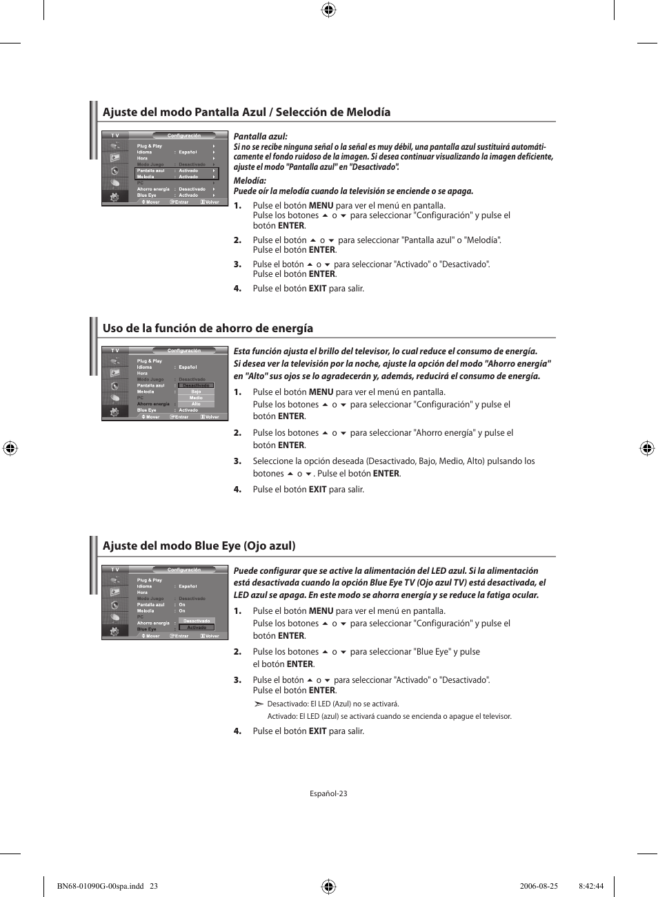 Uso de la función de ahorro de energía, Ajuste del modo blue eye (ojo azul) | Samsung LE40M71B User Manual | Page 205 / 320